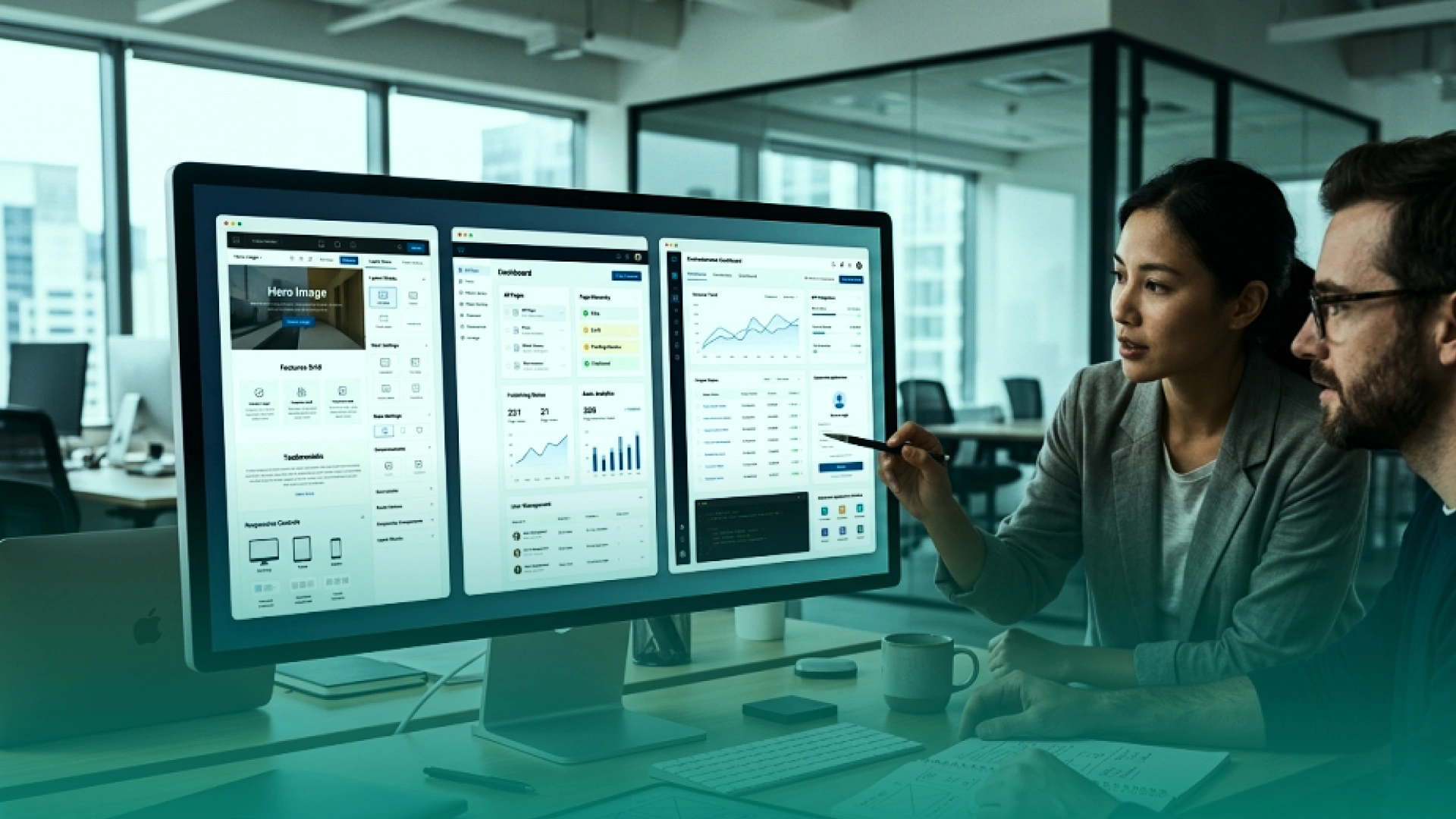 Web development team reviewing website layouts, analytics dashboards, performance data, and platform settings on a large monitor.