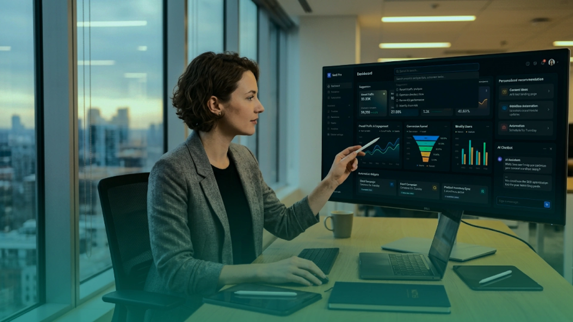 Business professional reviewing an AI-powered website analytics dashboard with performance metrics, charts, recommendations, and chatbot insights.