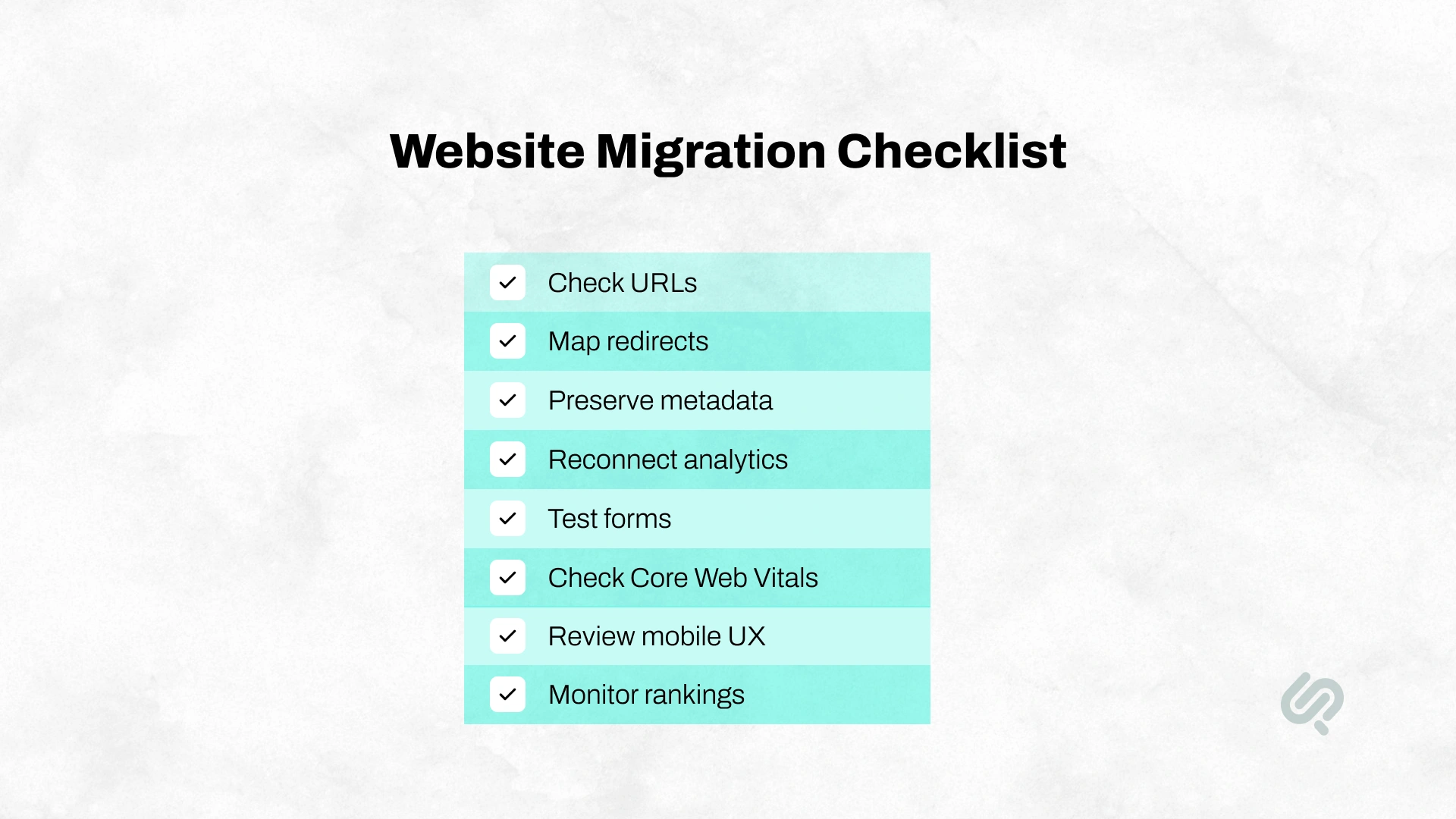 Website migration checklist covering URLs, redirects, metadata, analytics, forms, Core Web Vitals, mobile UX, and rankings.