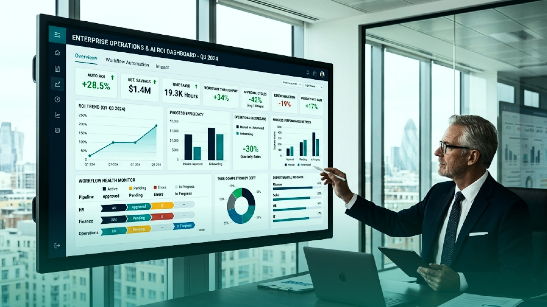 Business executive reviewing an AI automation ROI dashboard displaying estimated savings, time saved, workflow throughput, approval cycles, and process efficiency.