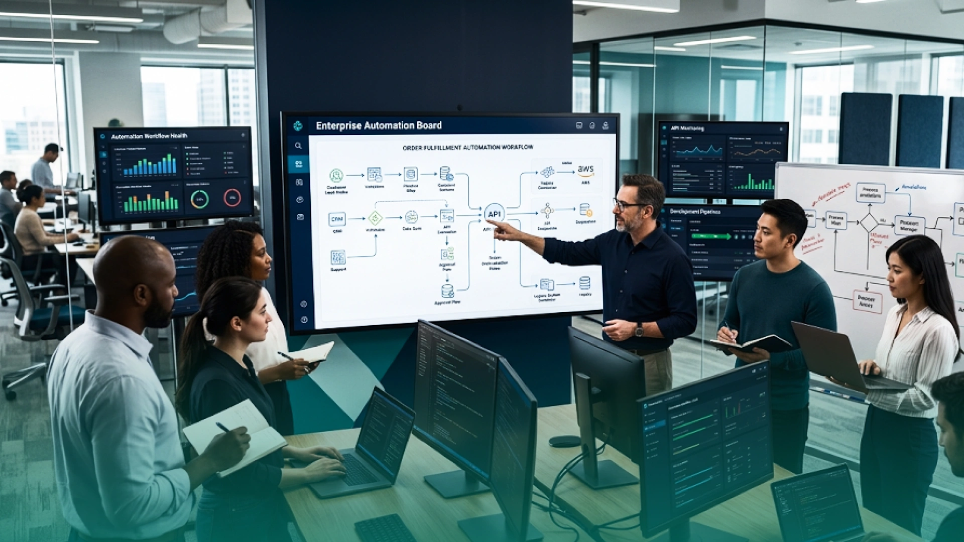 Business and engineering team reviewing an enterprise AI workflow automation system with process diagrams, integrations, monitoring dashboards, and operational data.