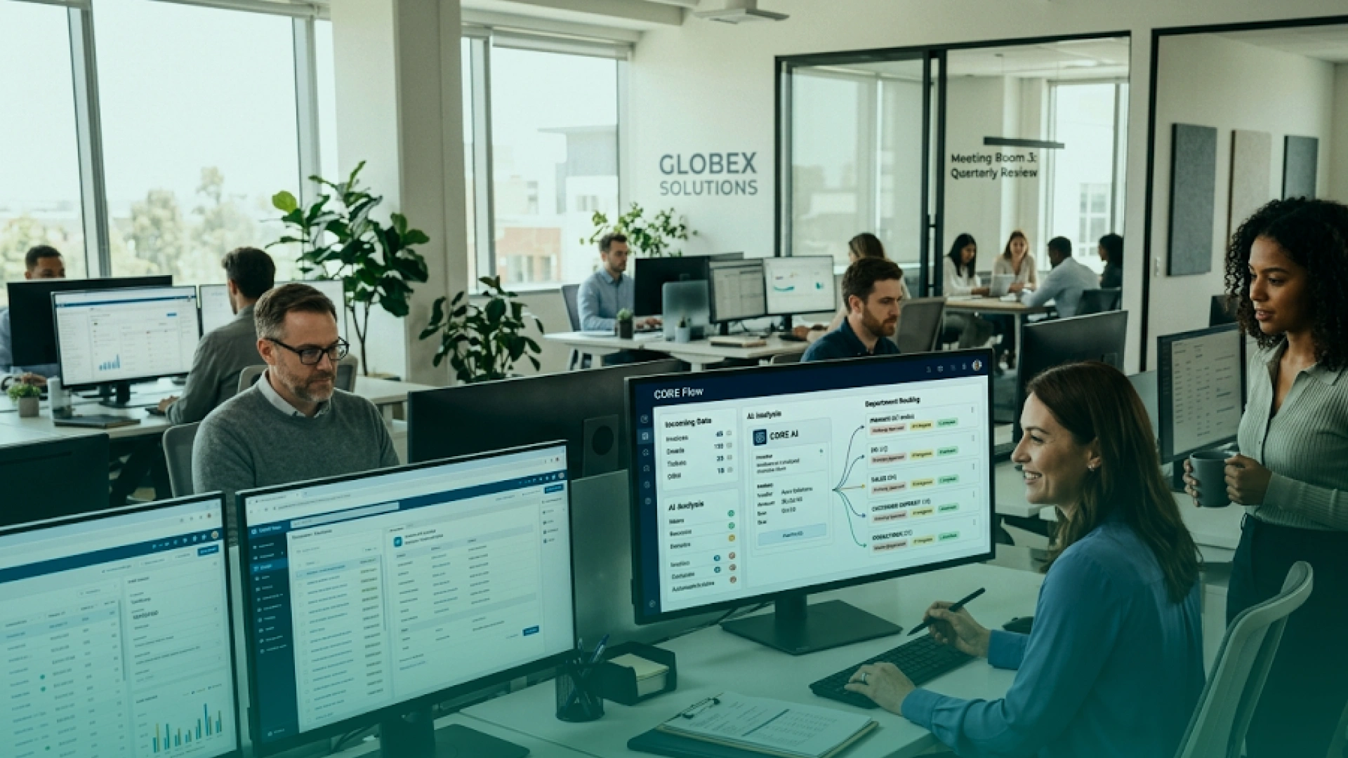 Business team using AI-powered workflow and analytics dashboards to manage operations and automate processes.