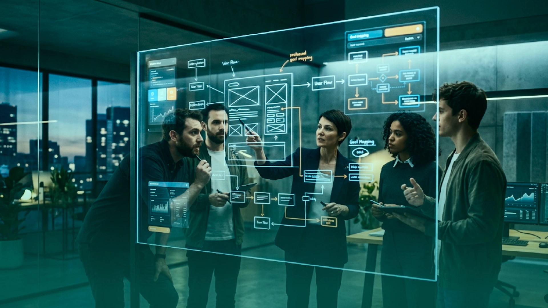A team of developers and designers collaborating around a digital workflow diagram, planning user flows, interface structure, and product requirements before development.