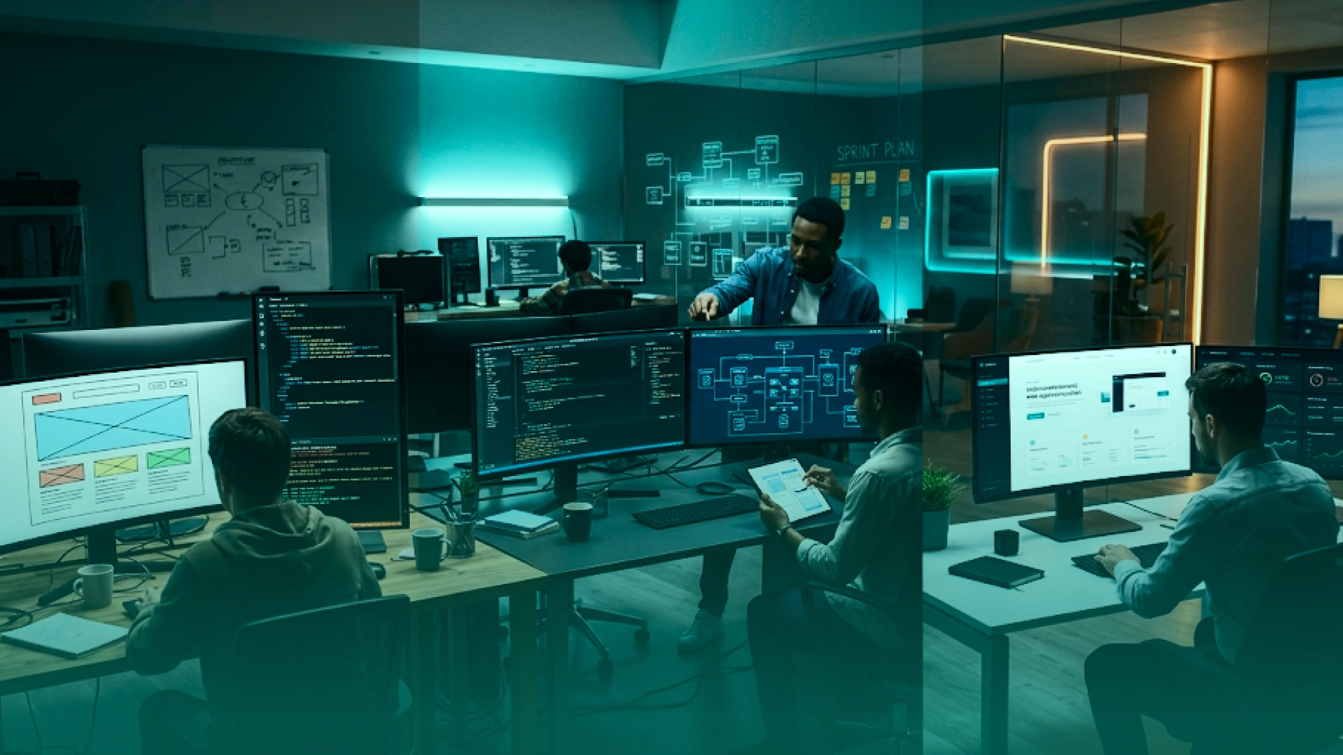 Developers working in a modern technology workspace with multiple monitors displaying code, interfaces, and application designs, representing AI-assisted product development.