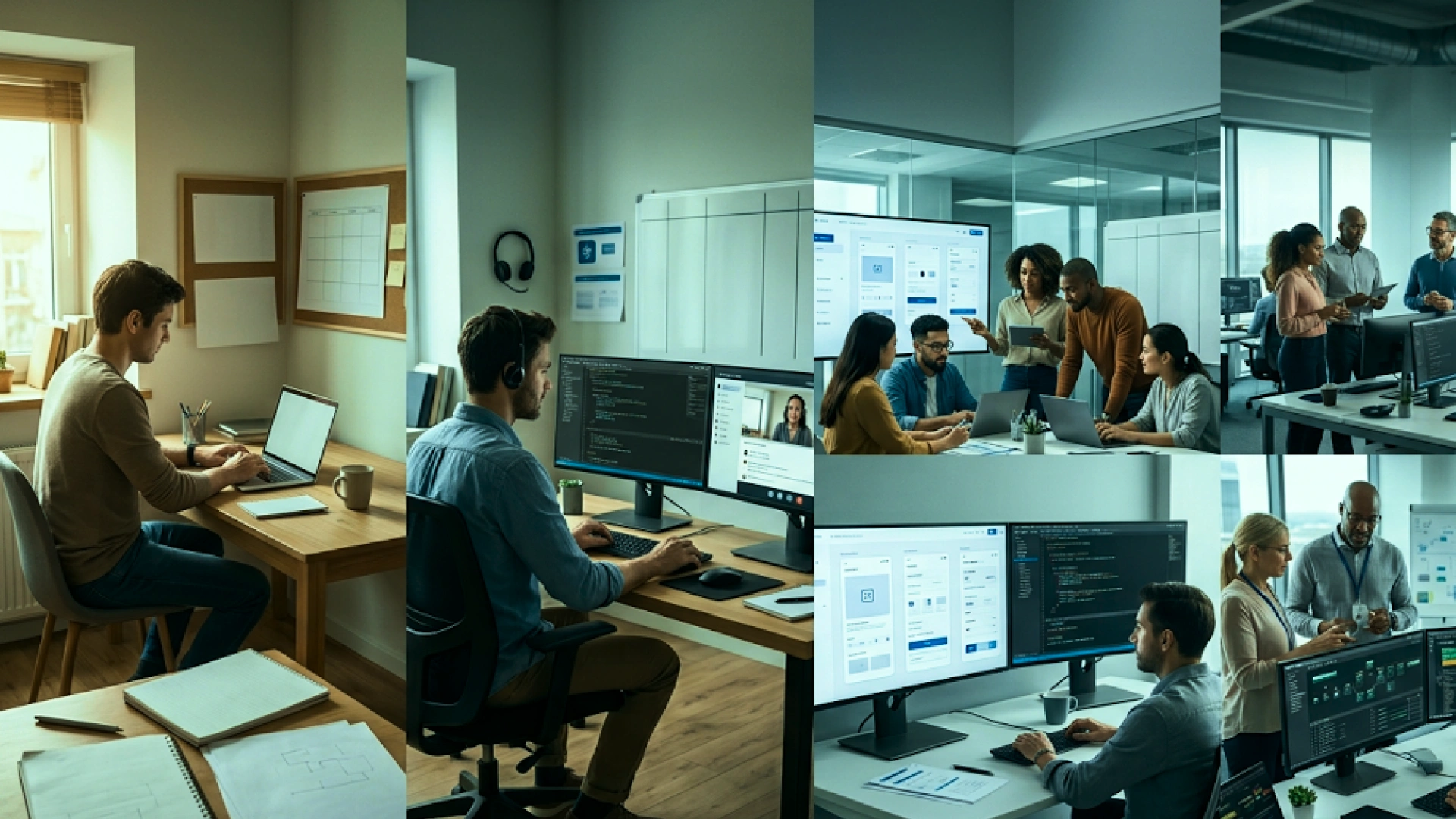 Collage showing different software delivery approaches, from a solo developer working remotely to embedded engineers collaborating with in-house teams in modern office environments.