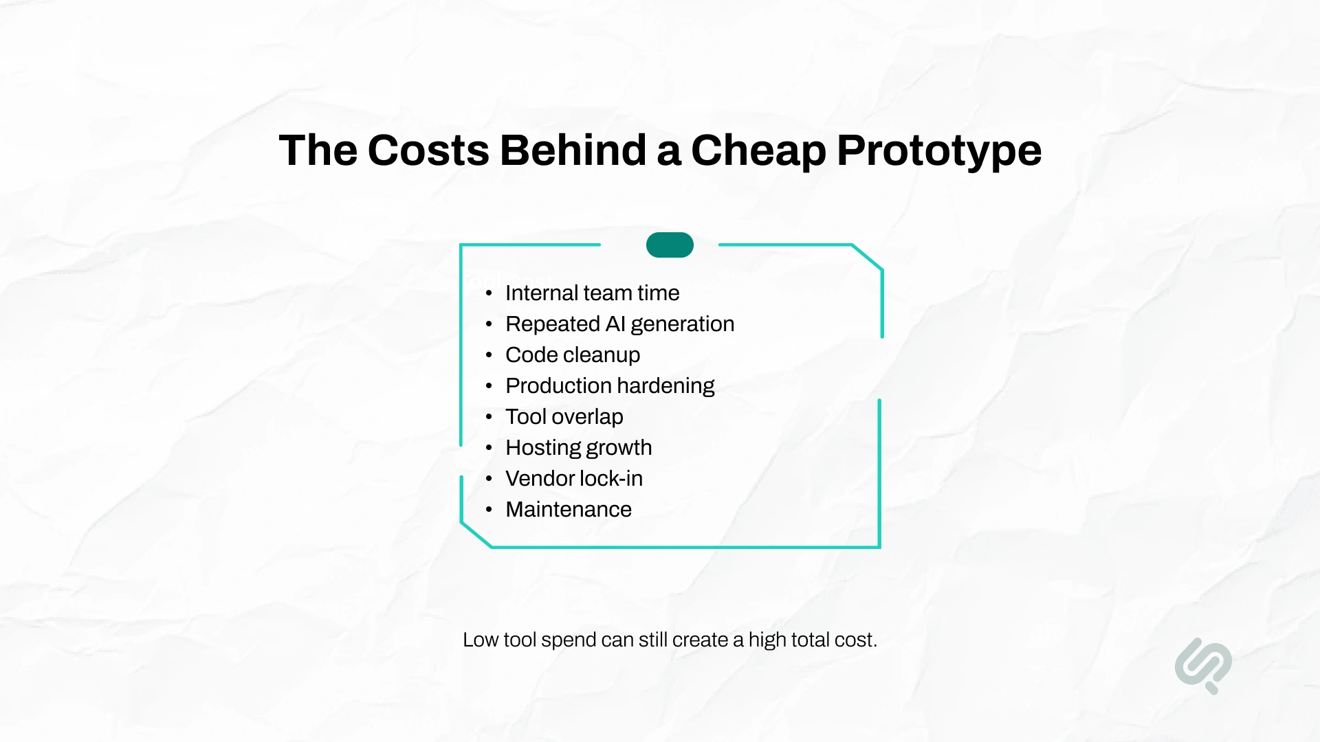 Infographic listing hidden vibe coding costs, including internal team time, repeated AI generation, code cleanup, production hardening, tool overlap, hosting growth, vendor lock-in, and maintenance.