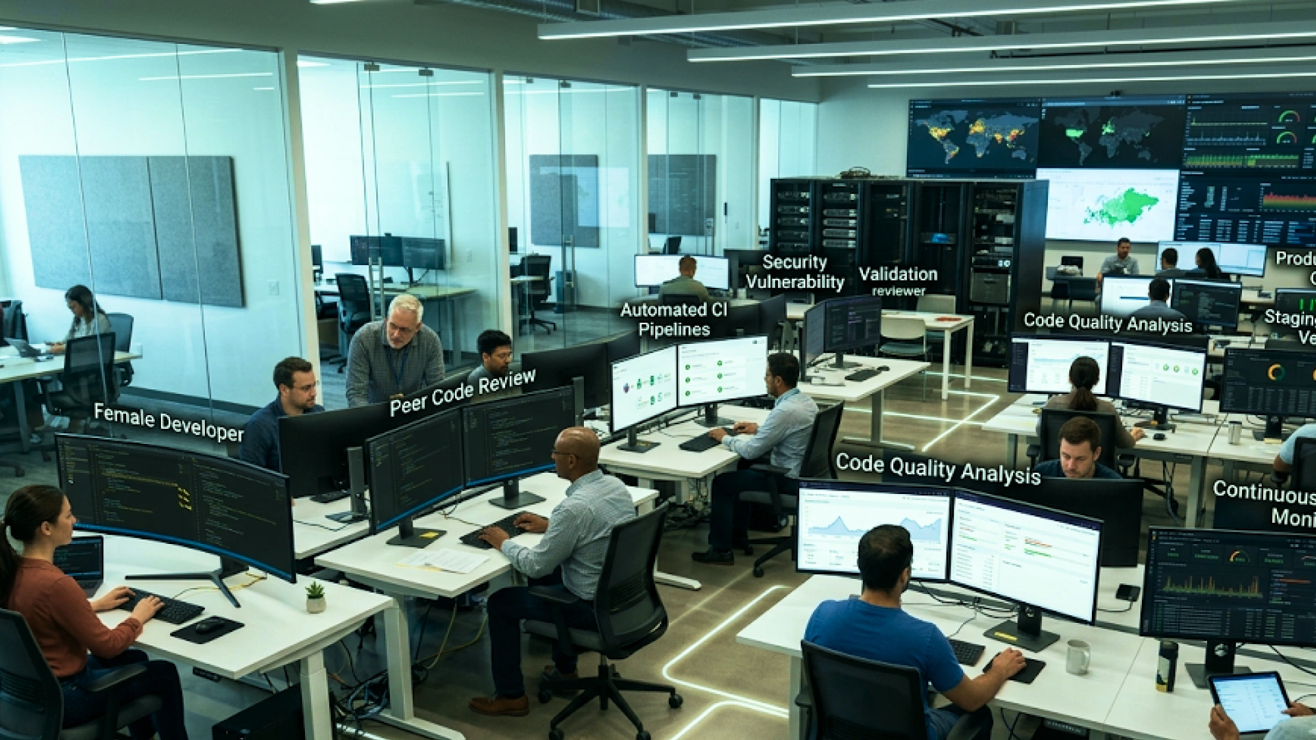 Software engineering team working in a production environment with peer code review, automated CI pipelines, security checks, validation, code quality analysis, staging, and continuous monitoring.