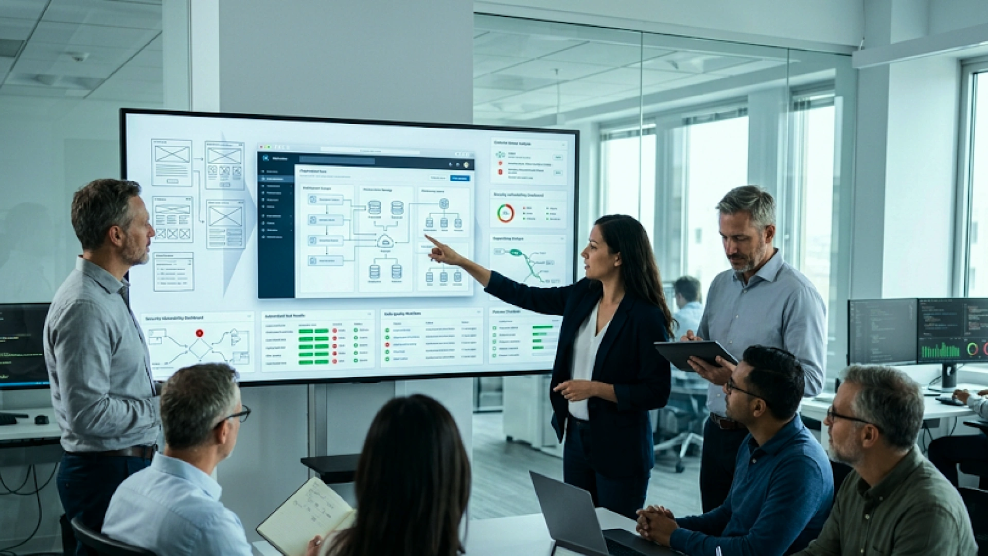 Engineering team reviewing AI-generated software architecture, security vulnerabilities, testing results, and governance controls on a large display.