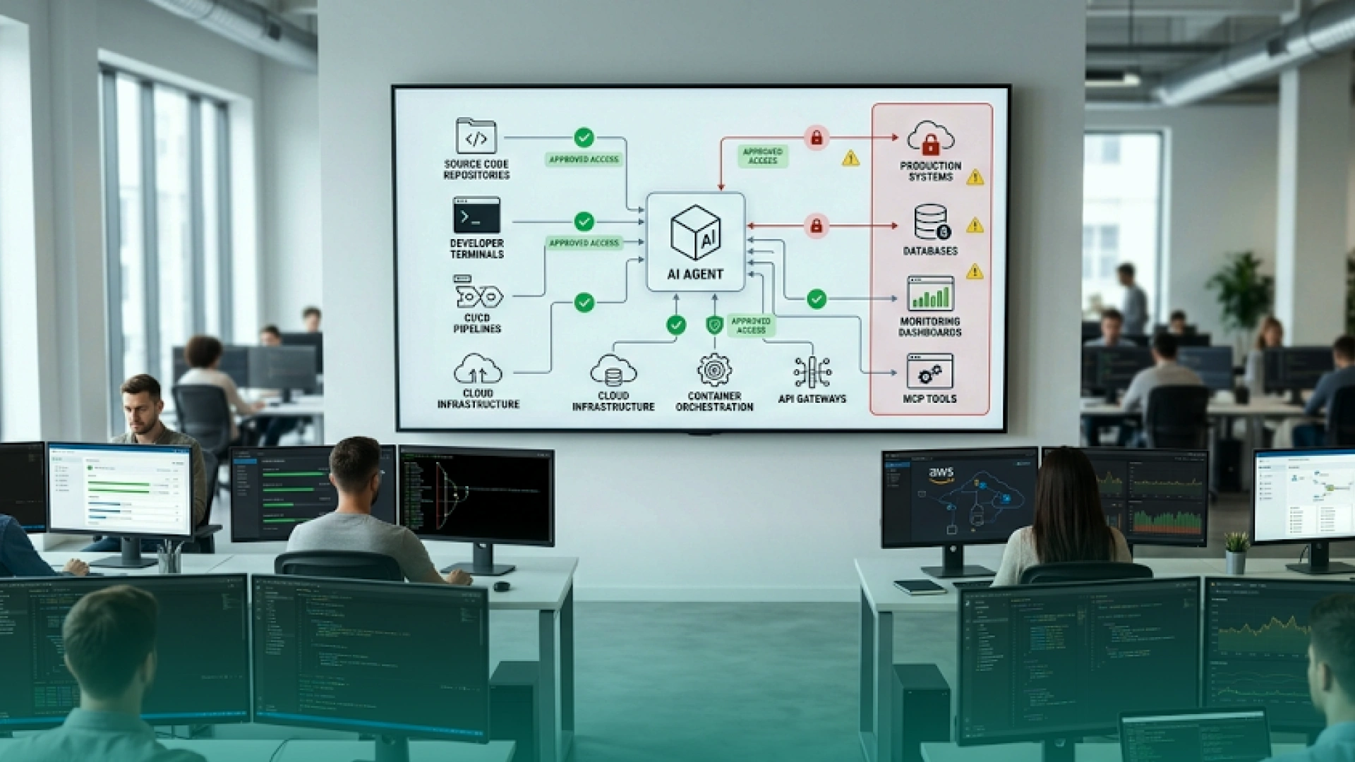 AI agent permission architecture showing controlled access to source code, CI/CD pipelines, cloud infrastructure, databases, production systems, and monitoring tools.