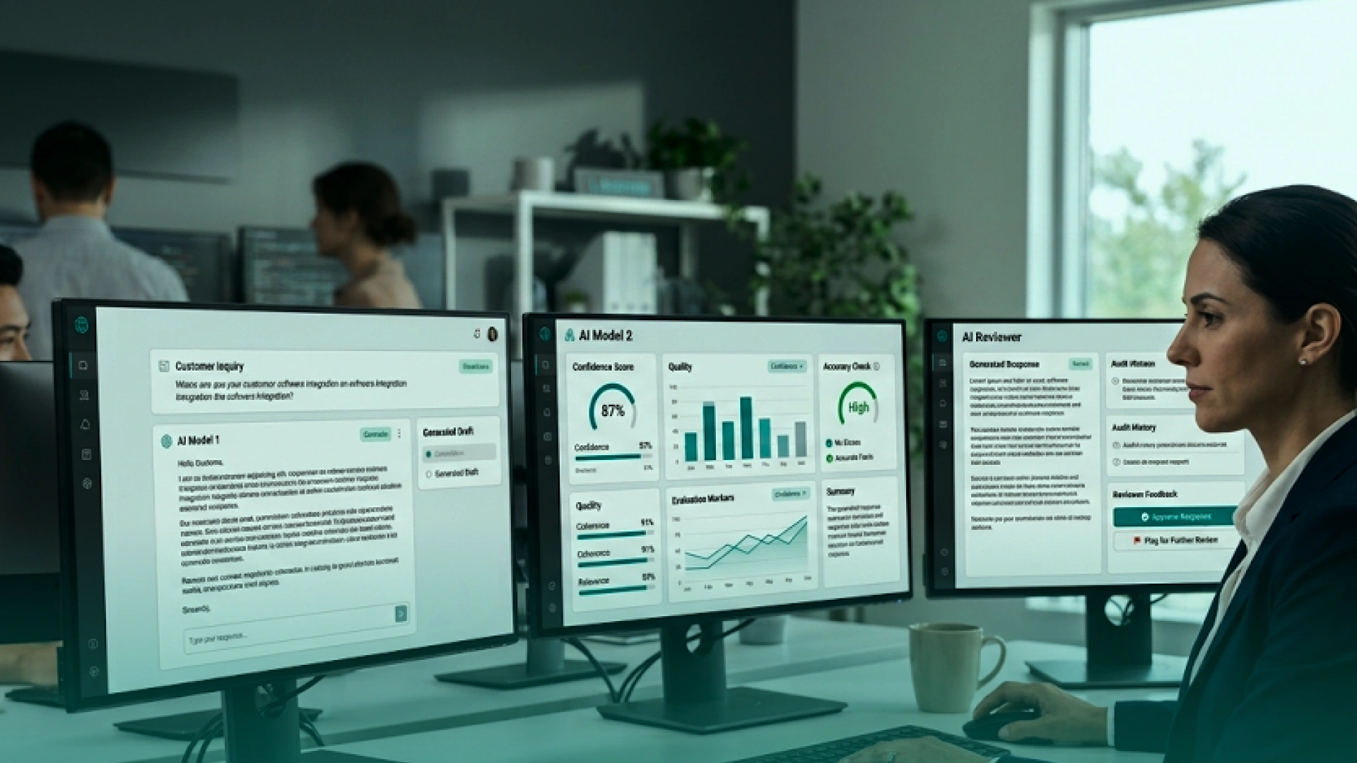 AI evaluator reviewing LLM responses, quality scores, evaluation metrics, and human feedback across multiple monitoring dashboards.