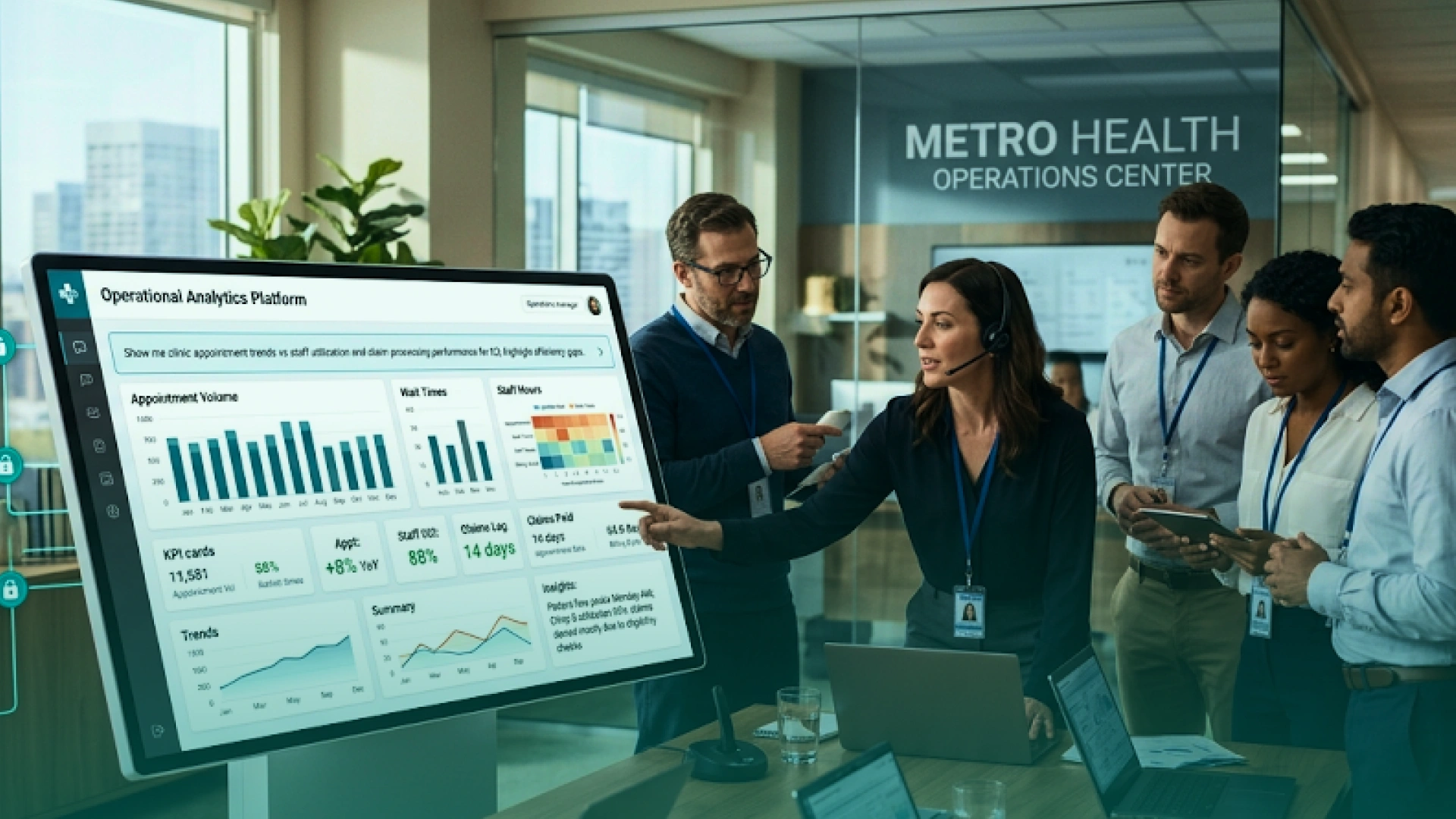 Healthcare operations team reviewing an AI-powered analytics dashboard for appointments, staffing, wait times, and operational performance.