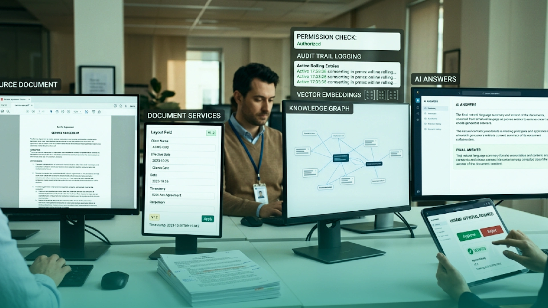 AI data traceability workflow showing source documents, document services, knowledge graphs, permission checks, audit logs, vector embeddings, and AI-generated answers.