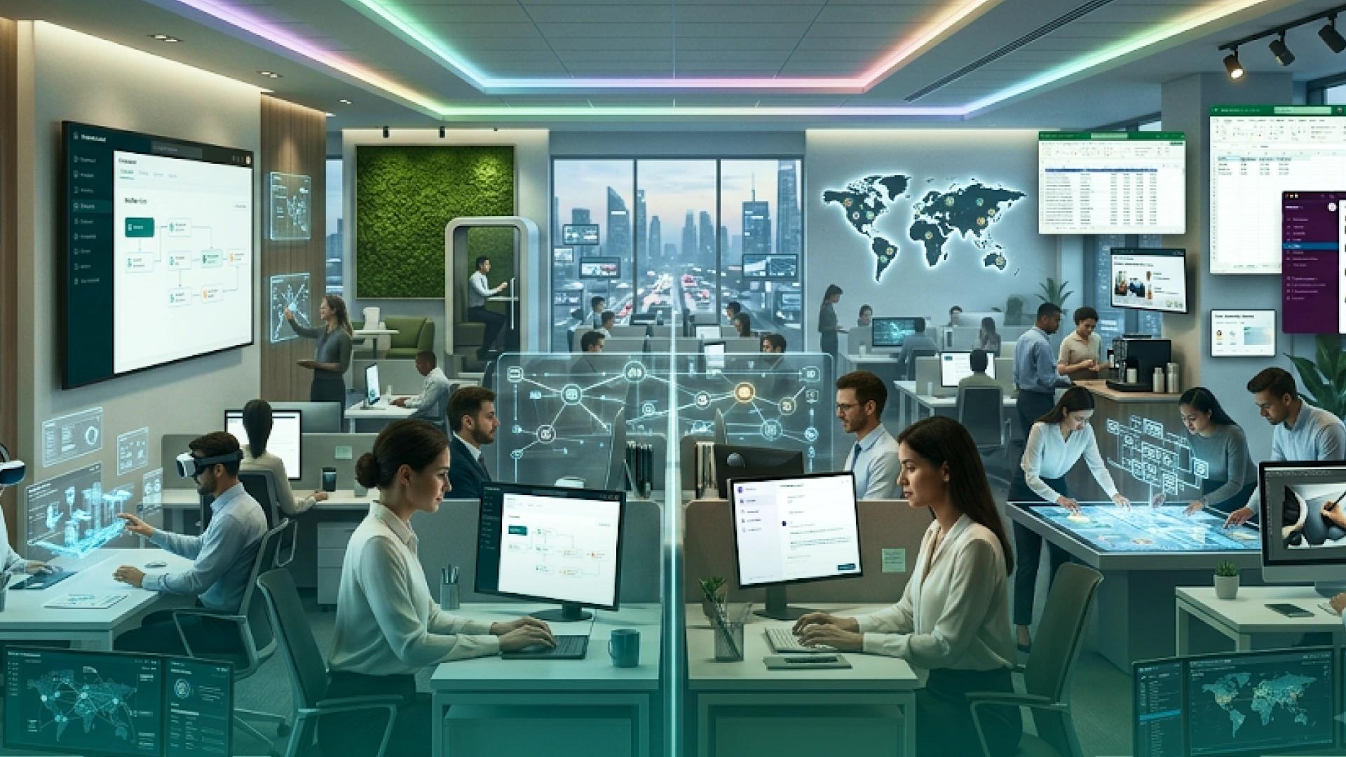 Modern enterprise workspace showing teams using AI-powered workflows, data dashboards, automation tools, and connected digital systems.