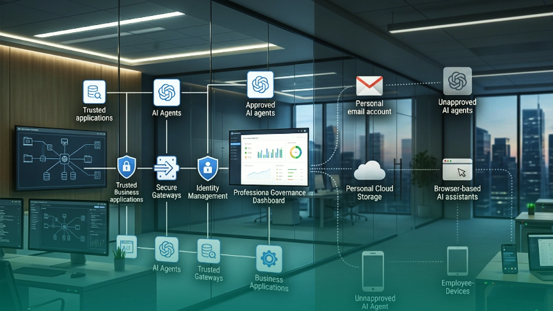 Enterprise office illustration showing shadow AI across approved and unapproved AI agents, personal email, cloud storage, browser-based assistants, employee devices, and governance controls.