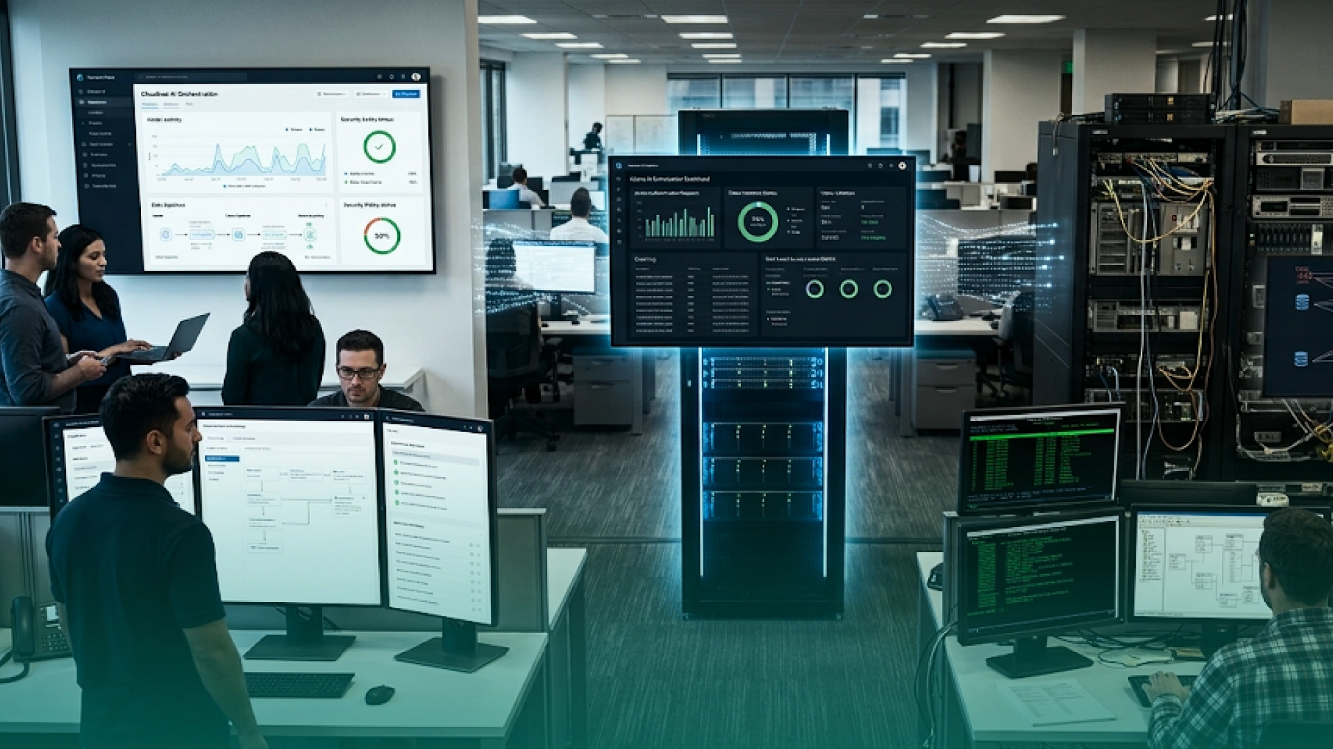 Enterprise IT team monitoring AI systems, security dashboards, servers, and infrastructure from a centralized operations environment.