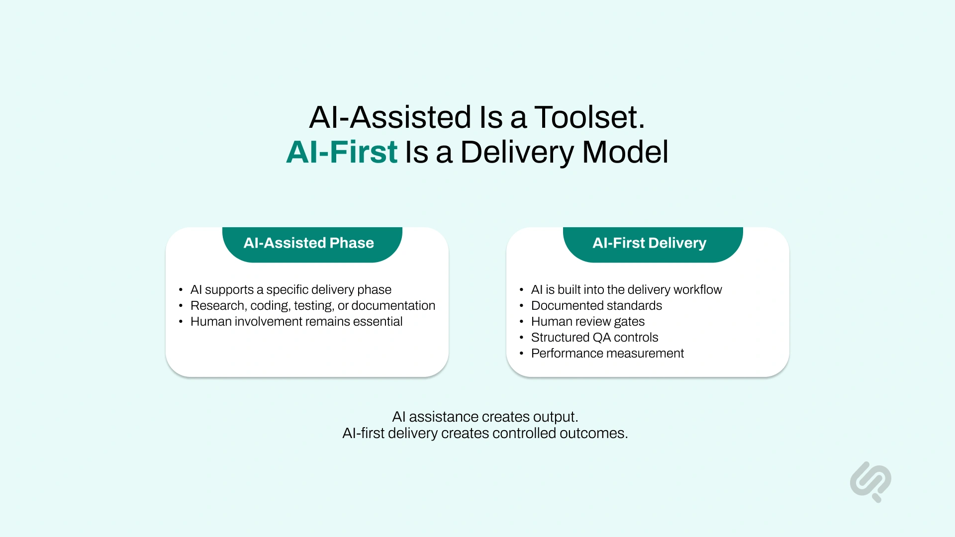 Comparison of AI-assisted development and AI-first delivery, highlighting workflow integration, human review, QA controls, and performance measurement.