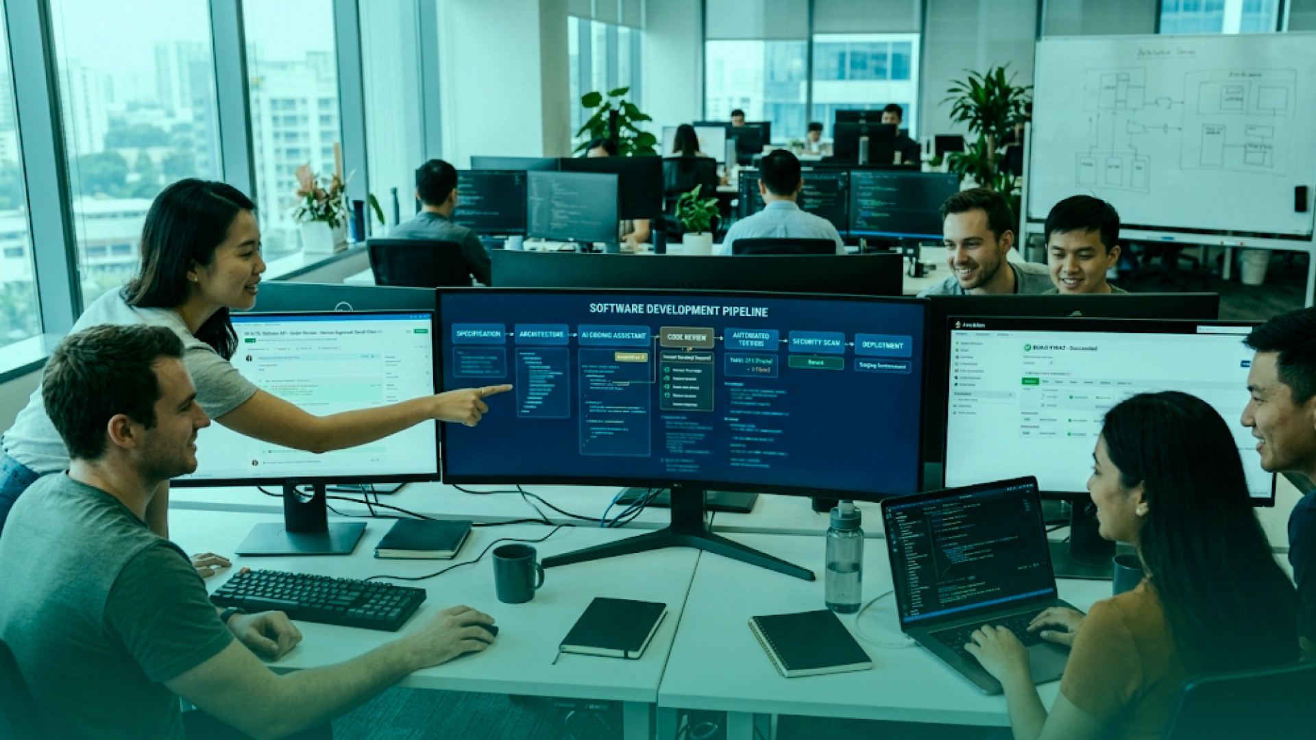 Software development team reviewing an AI-assisted development pipeline on multiple screens in a modern office.
