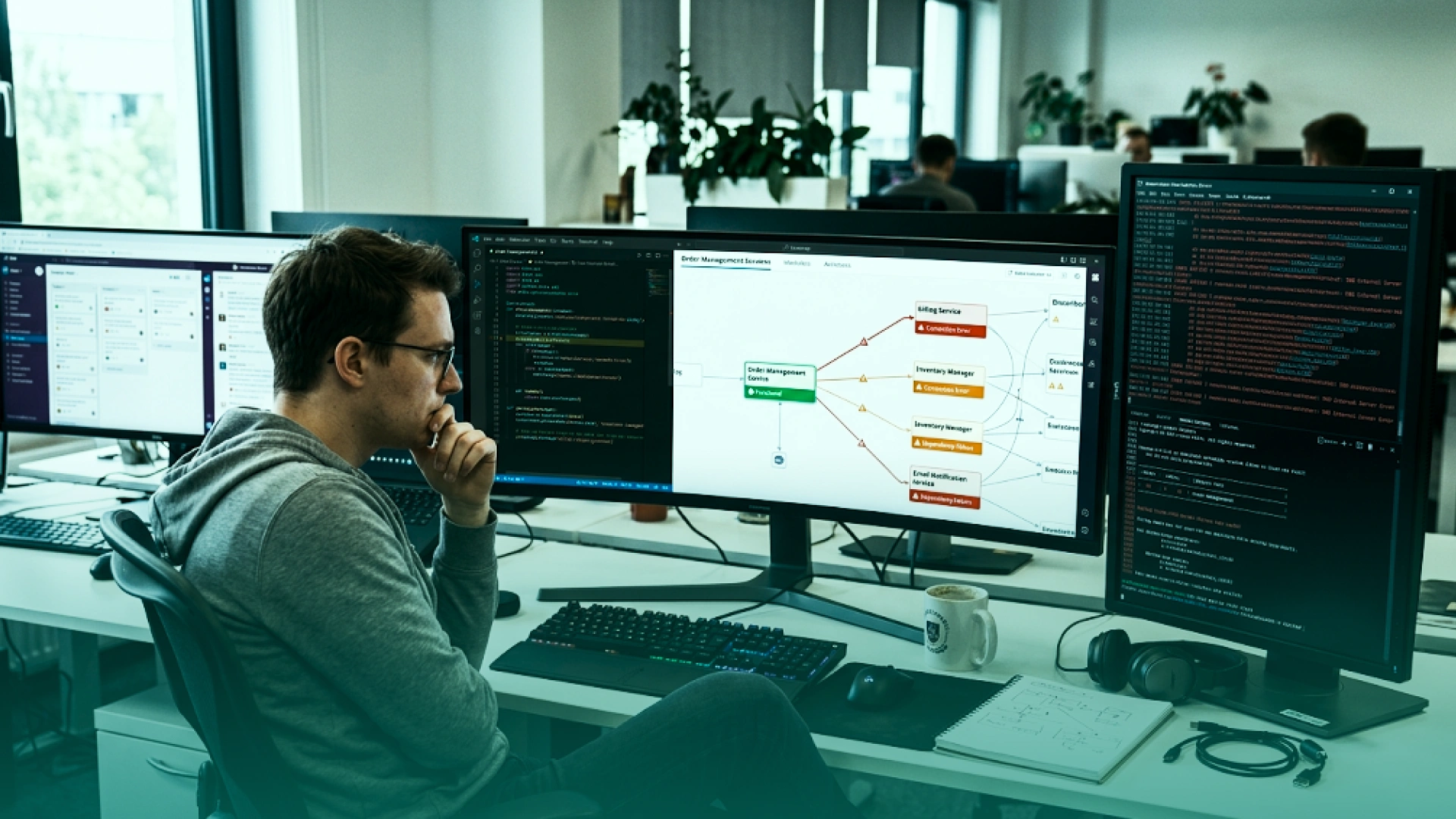 Developer reviewing interconnected software modules and code across multiple monitors, highlighting system-wide failures caused by technical debt.
