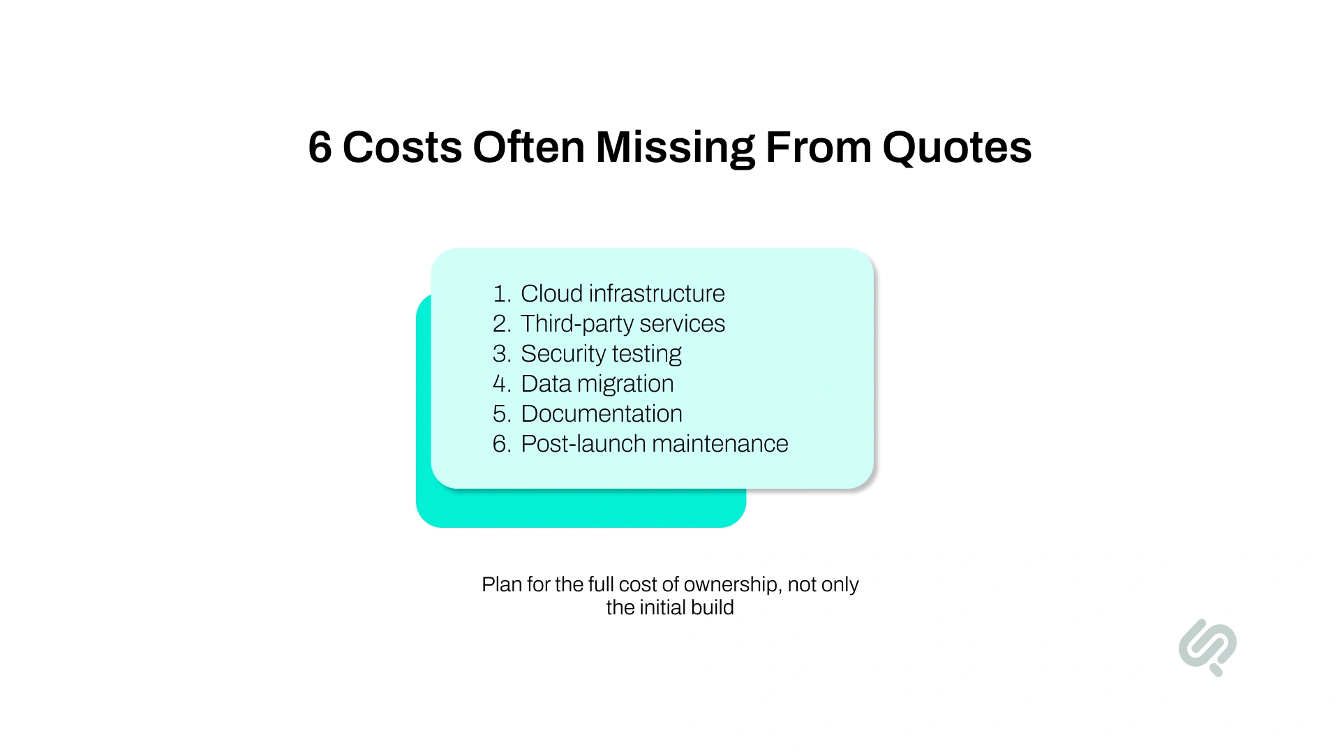 Six software development costs often missing from quotes, including cloud infrastructure, security testing, data migration, and maintenance.