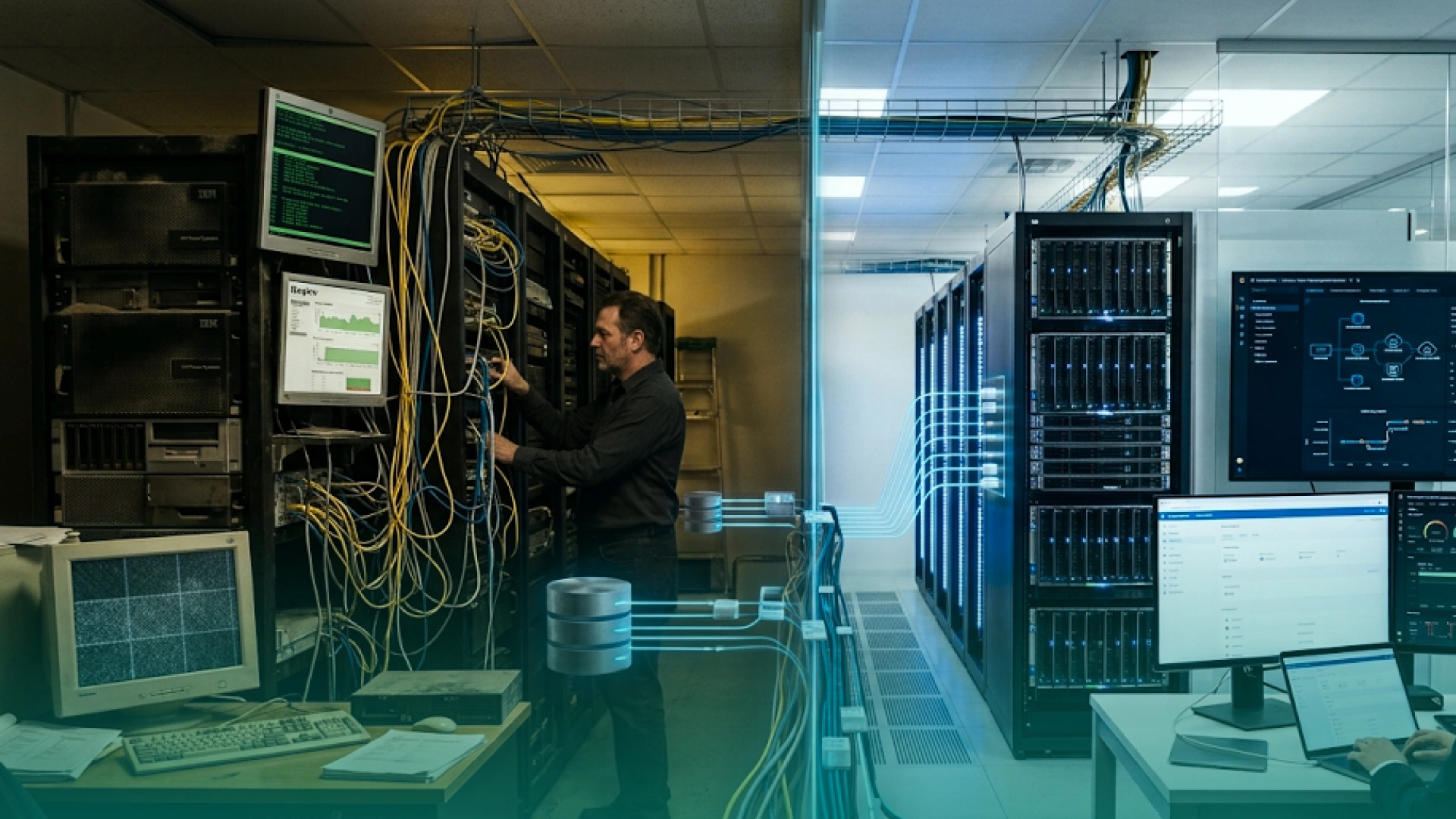 IT professional working with legacy server infrastructure alongside a modern data center, illustrating software modernization and infrastructure migration.