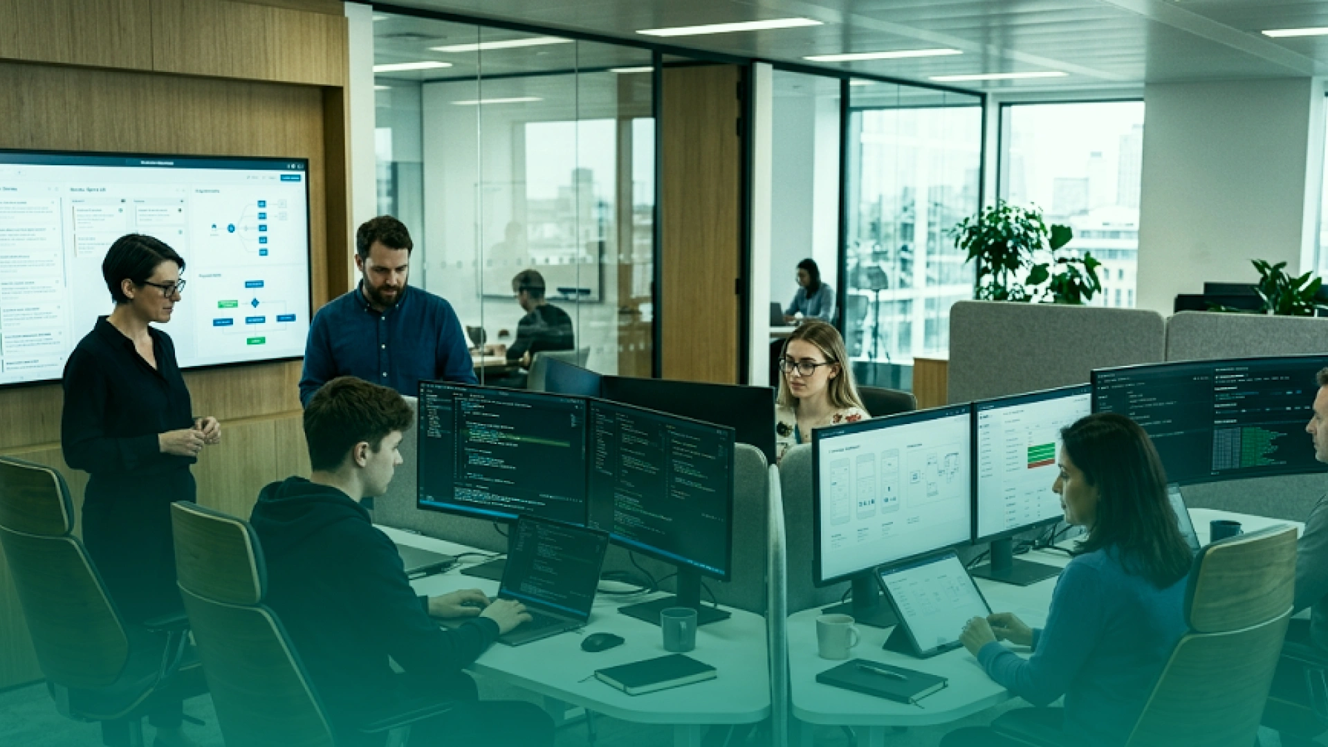 Software development team working in a modern office with code, product interfaces, and workflow dashboards displayed across multiple screens.