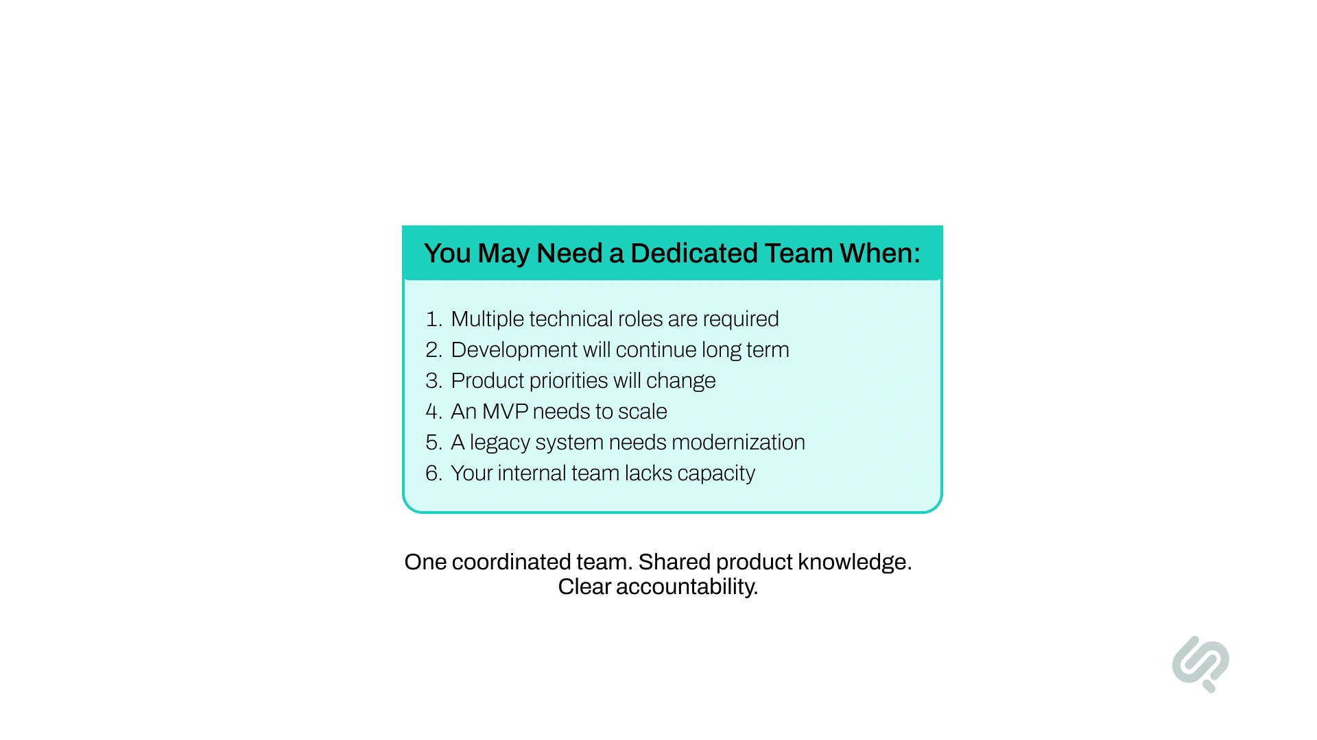 Infographic showing six signs a business may need a dedicated development team, including long-term development, scaling an MVP, and limited internal capacity.