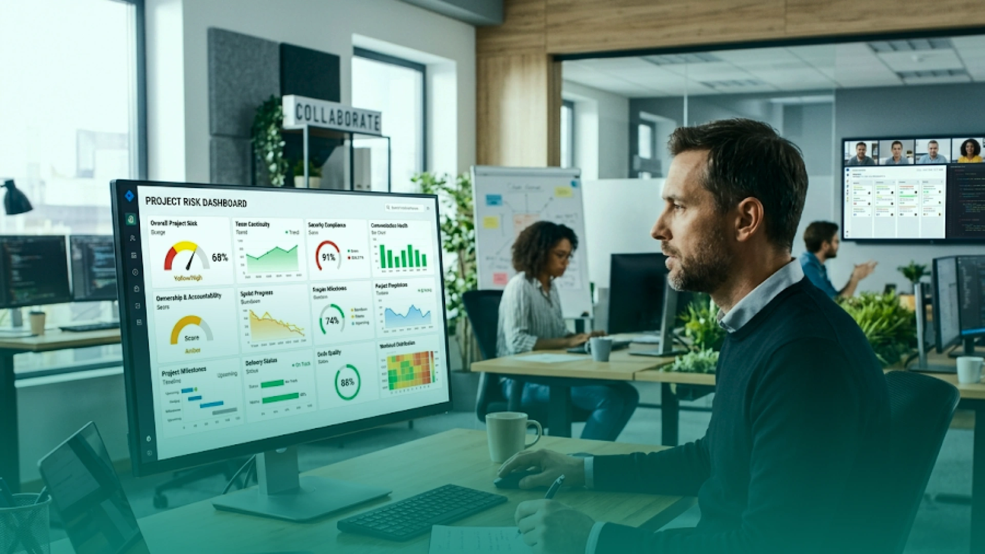 Project manager reviewing a software delivery risk dashboard while coordinating with an in-office and remote development team.