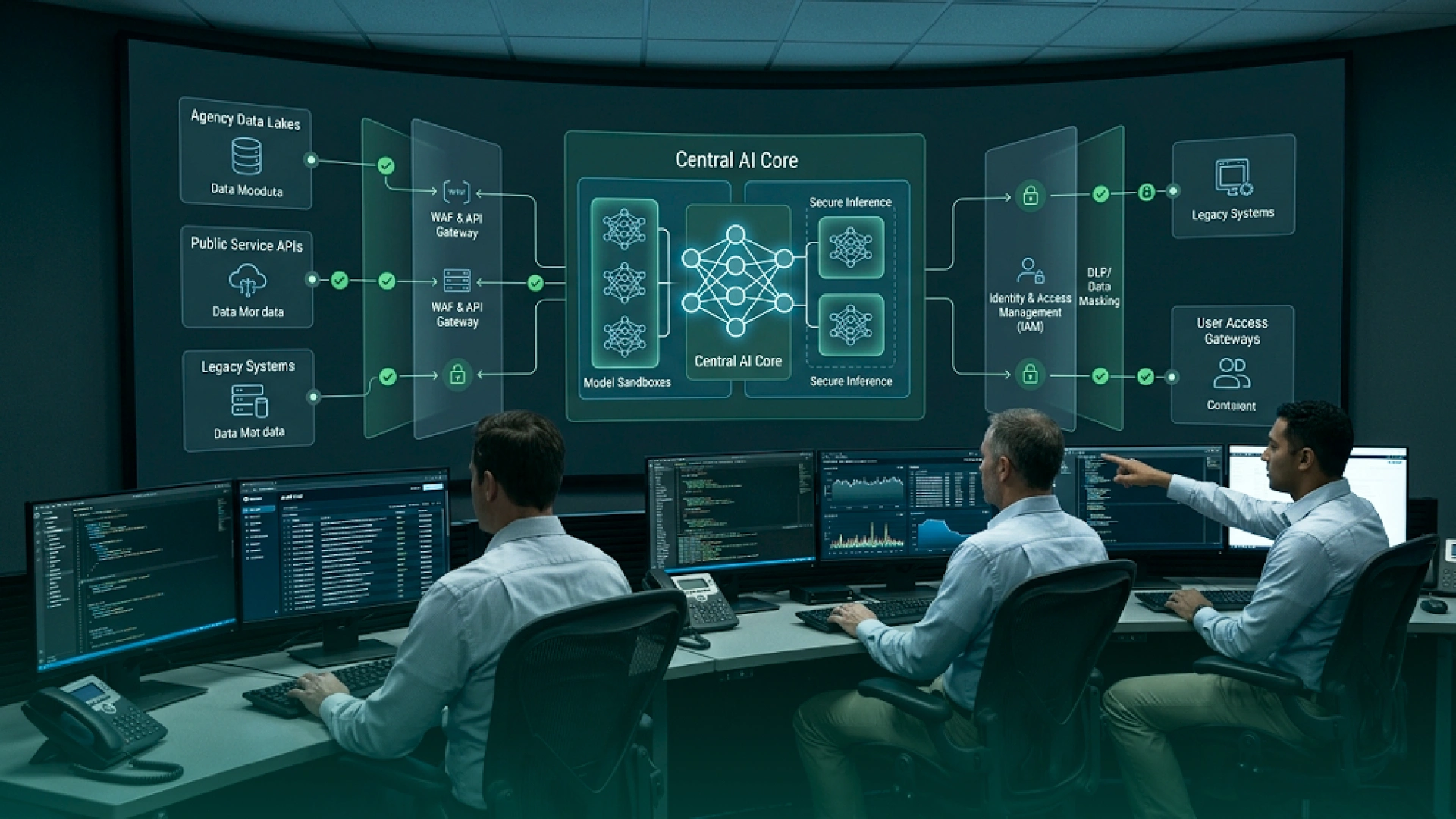 AI operations team monitoring a secure enterprise AI architecture with data sources, API gateways, model sandboxes, access controls, and legacy system integrations.