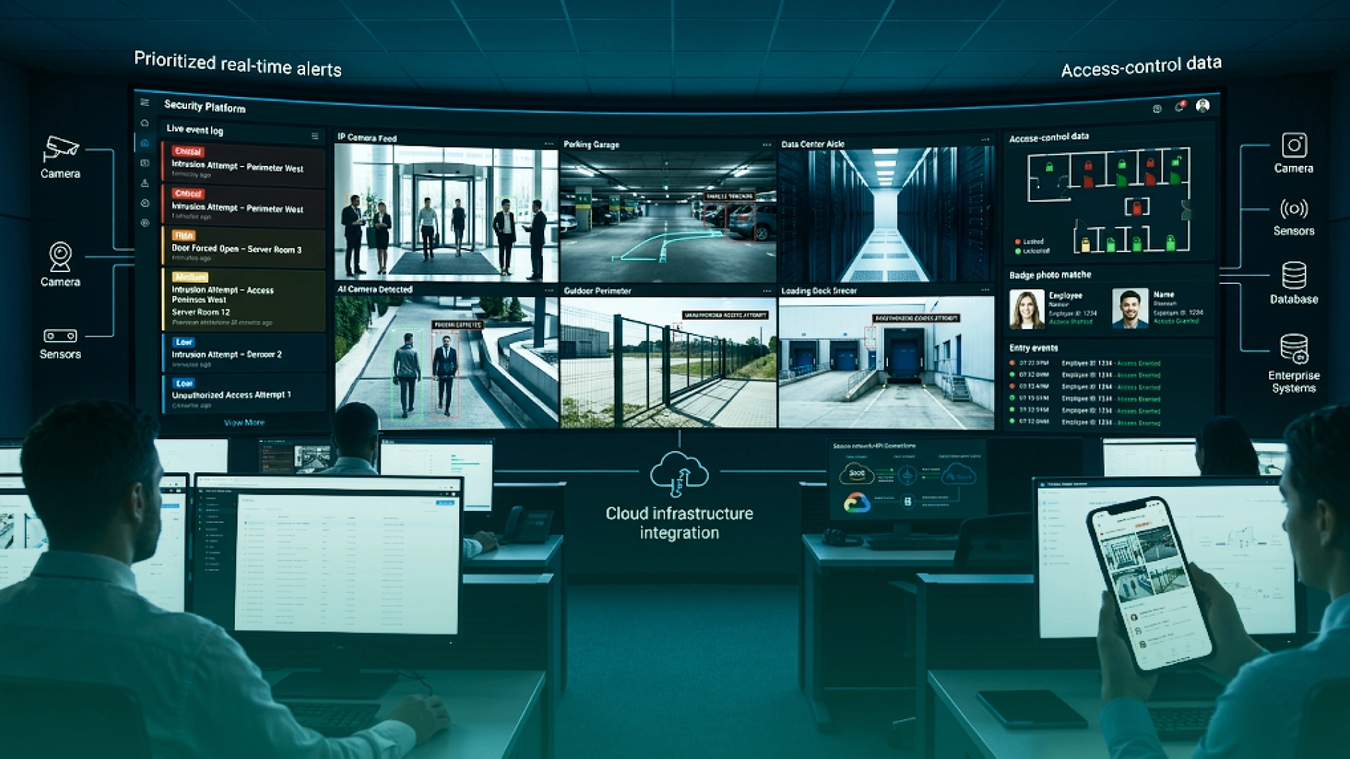 AI-powered surveillance platform dashboard showing real-time security alerts, camera feeds, access-control data, cloud infrastructure integration, sensors, databases, and enterprise system monitoring.