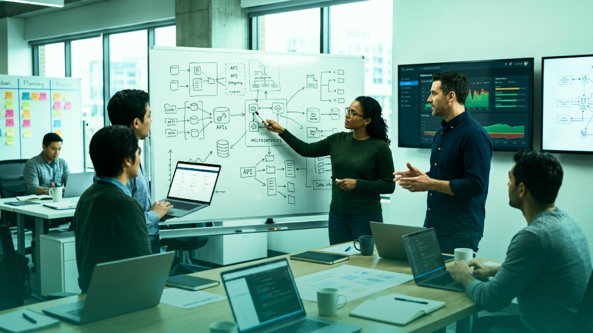 Forward deployed engineering team collaborating on system architecture, APIs, microservices, and production delivery during a technical planning session.