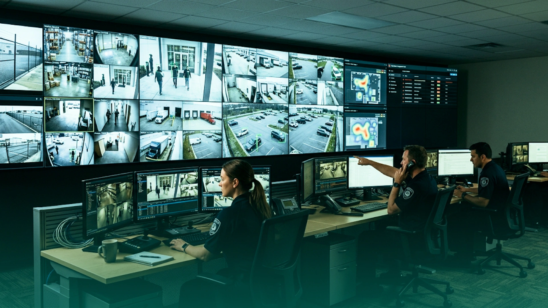 Security operations center monitoring multiple live surveillance feeds with AI-powered video analytics and real-time incident detection dashboards.