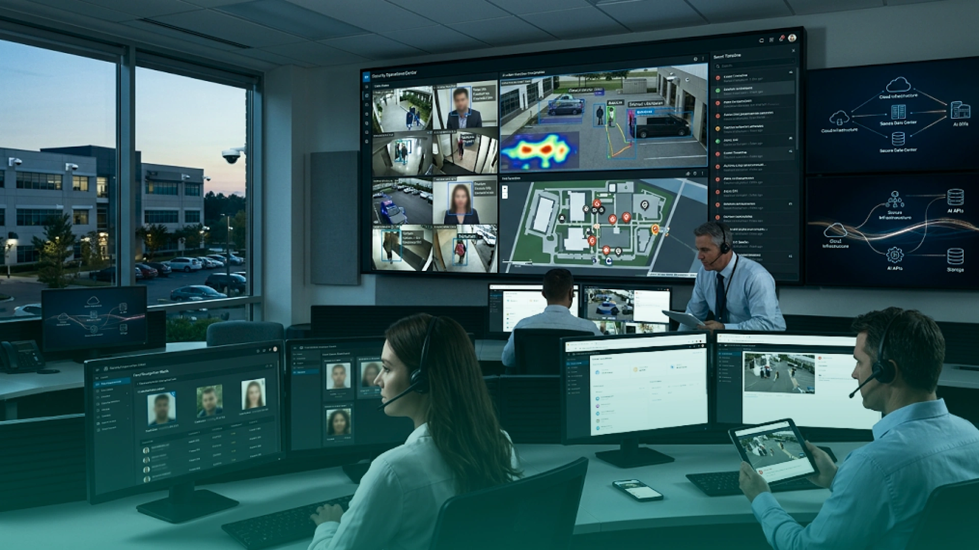 AI-powered security operations center with analysts monitoring surveillance feeds, facial recognition, heat maps, system integrations, and cloud infrastructure across multiple screens.