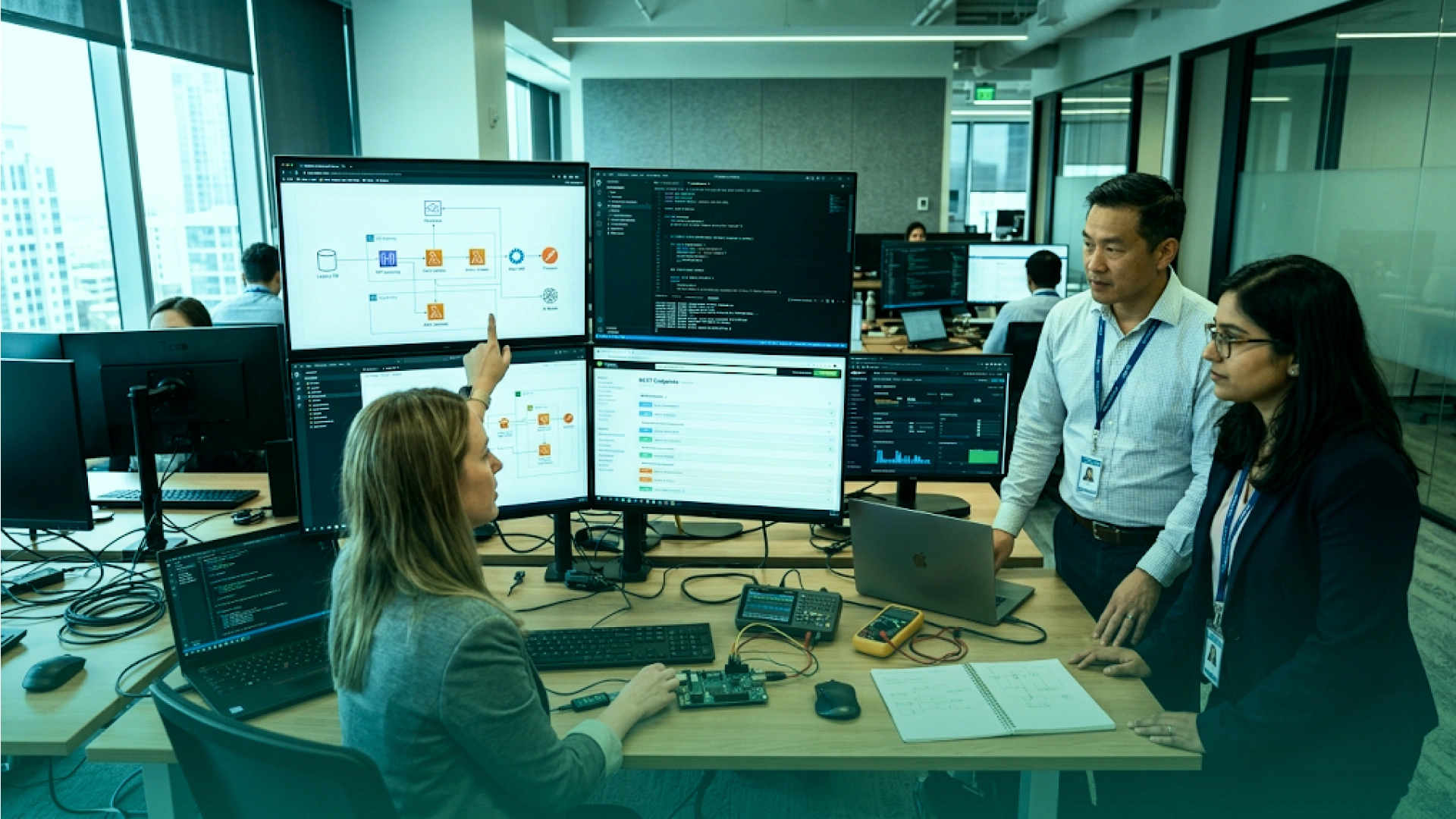 Forward-deployed engineering team reviewing cloud architecture, code, system integrations, and deployment workflows across multiple monitors.
