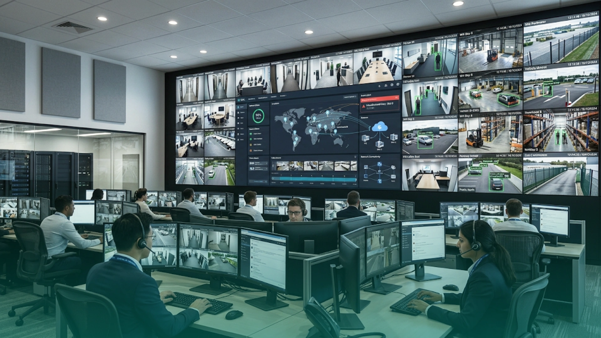 AI-powered video surveillance control center monitoring offices, warehouses, vehicles, and security feeds in real time.