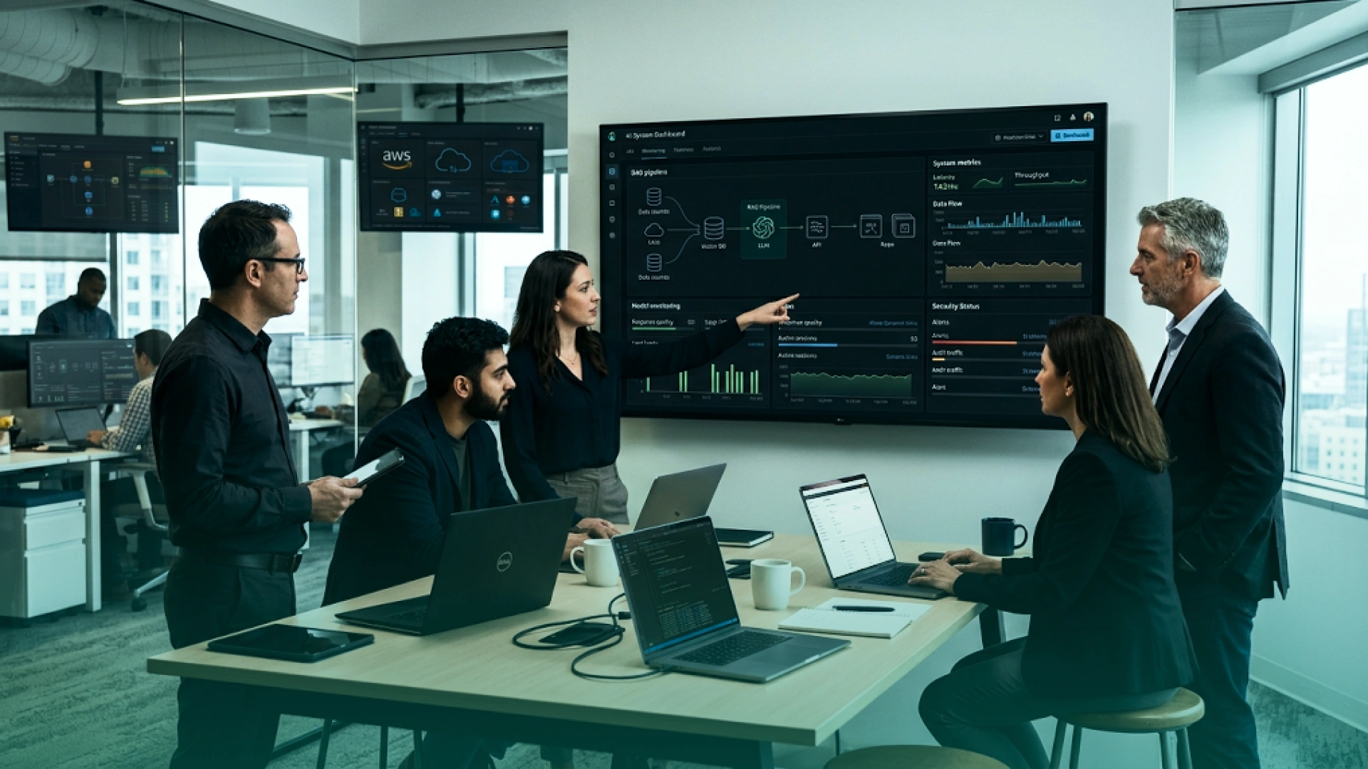 Forward deployed AI engineer collaborating with a business team around an AI deployment dashboard in a modern office.