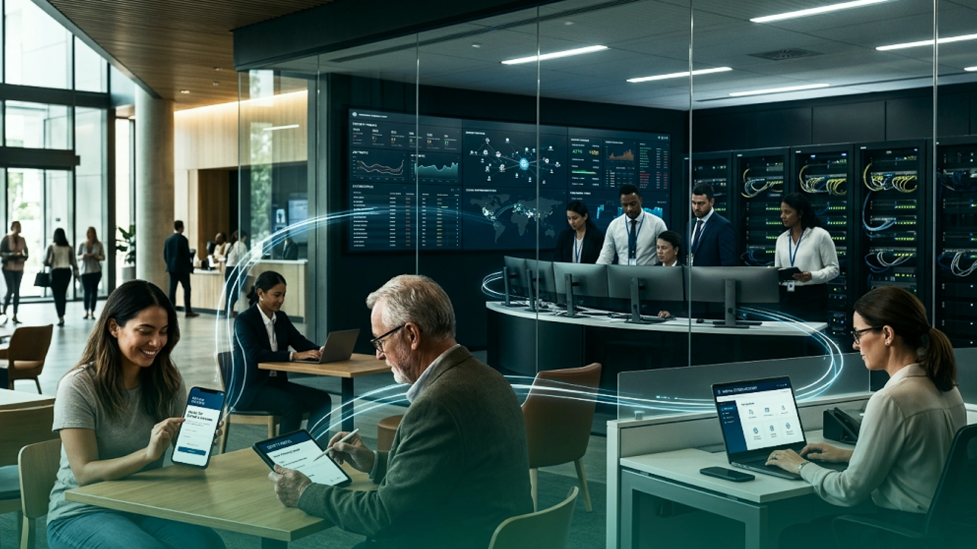 Enterprise team using connected digital systems and AI monitoring dashboards in a modern operations center.