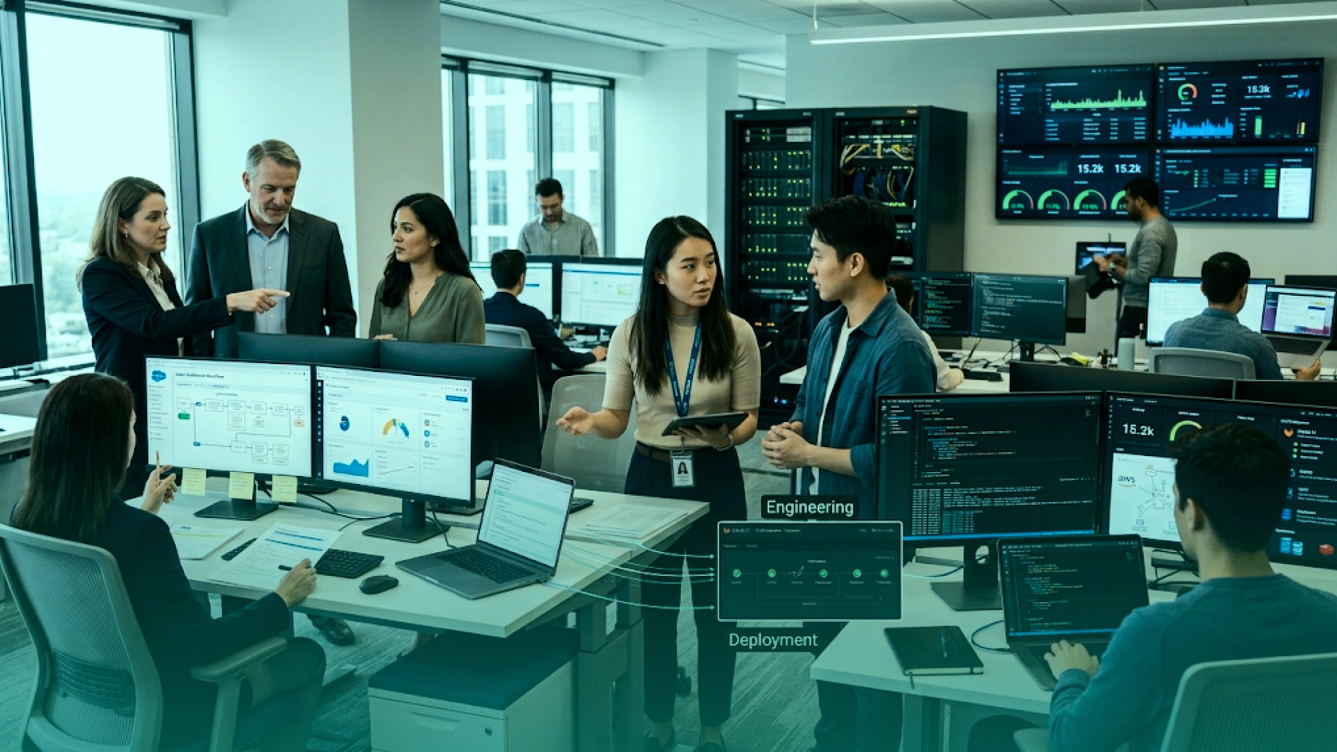 Forward deployed engineers collaborating with business and technical teams in an enterprise environment, working across software, cloud infrastructure, integrations, and production deployment.
