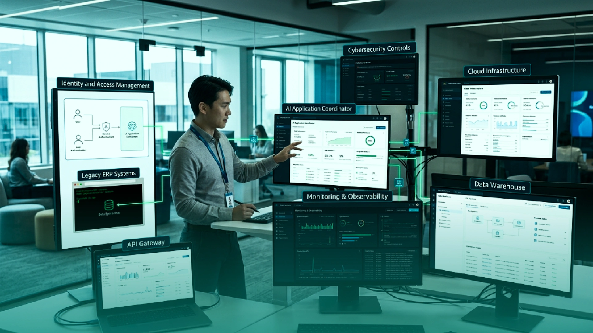 Forward deployed engineer coordinating AI applications across identity and access management, legacy ERP systems, API gateways, cybersecurity controls, cloud infrastructure, data warehouses, and monitoring tools.