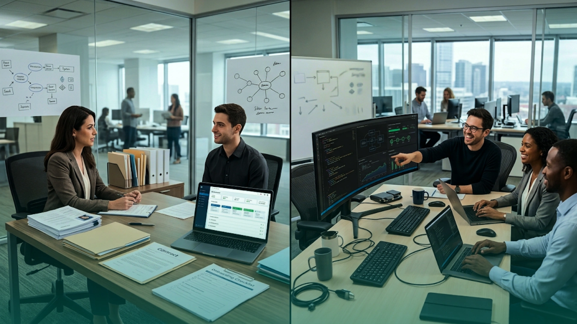 Split-screen image comparing an in-house FDE hiring process with an external FDE team collaborating on software architecture, development, and deployment.
