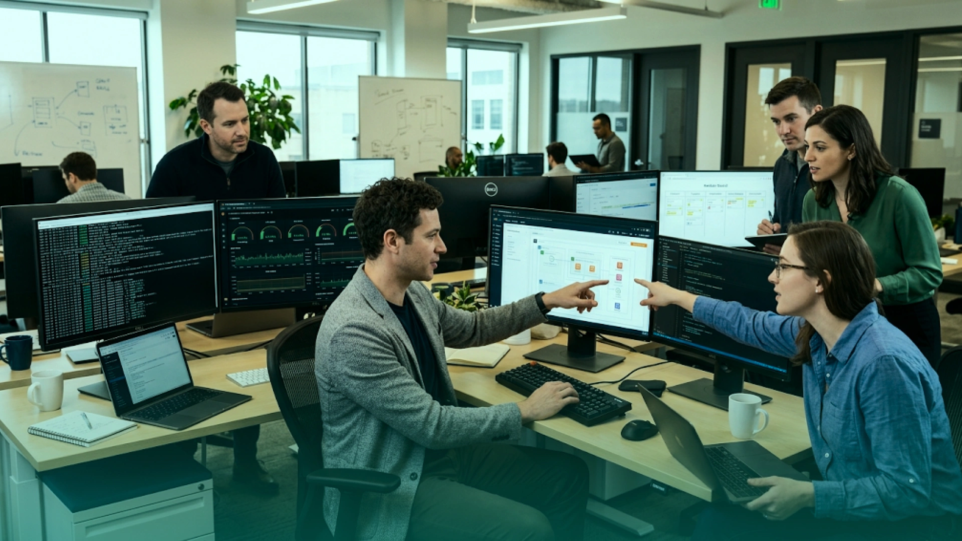 Forward deployed engineers collaborating inside an enterprise environment while reviewing system architecture, code, monitoring dashboards, and integration workflows.