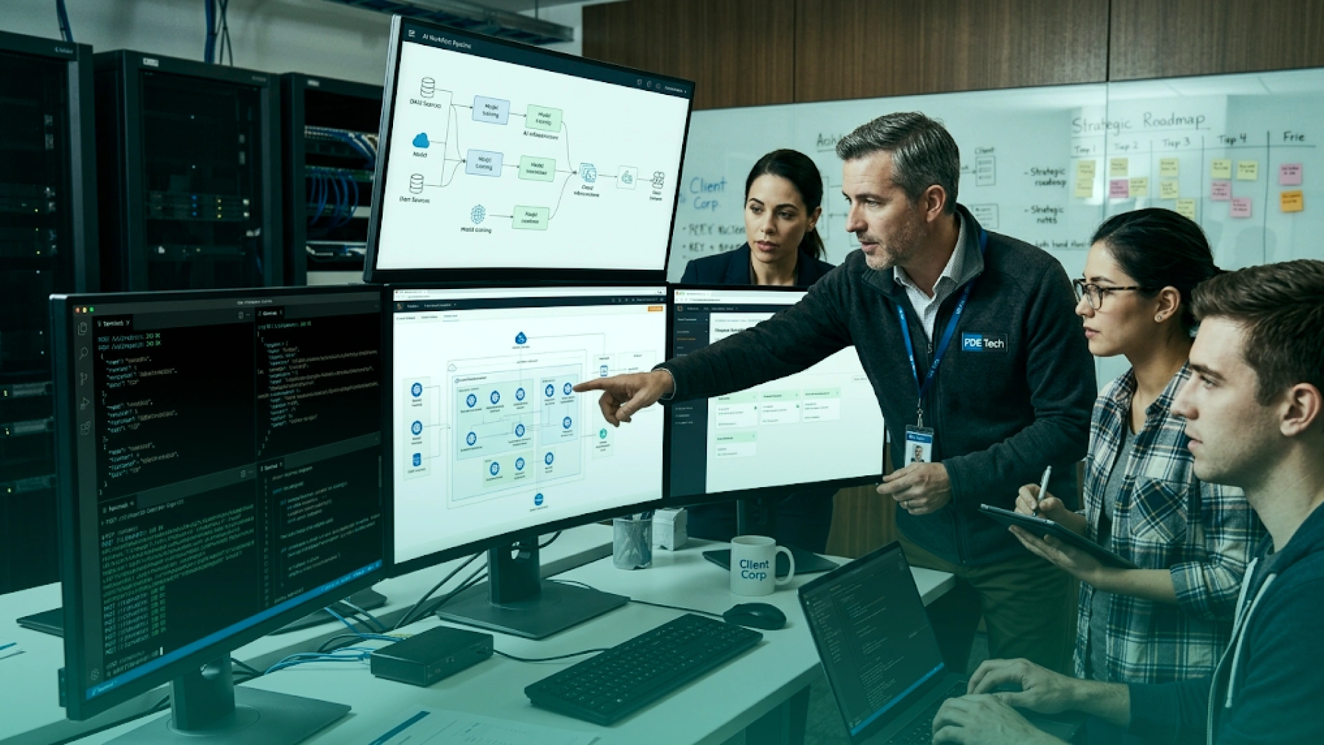 Forward deployed engineer collaborating with a client engineering team while reviewing system architecture, code, and technical workflows on multiple monitors.
