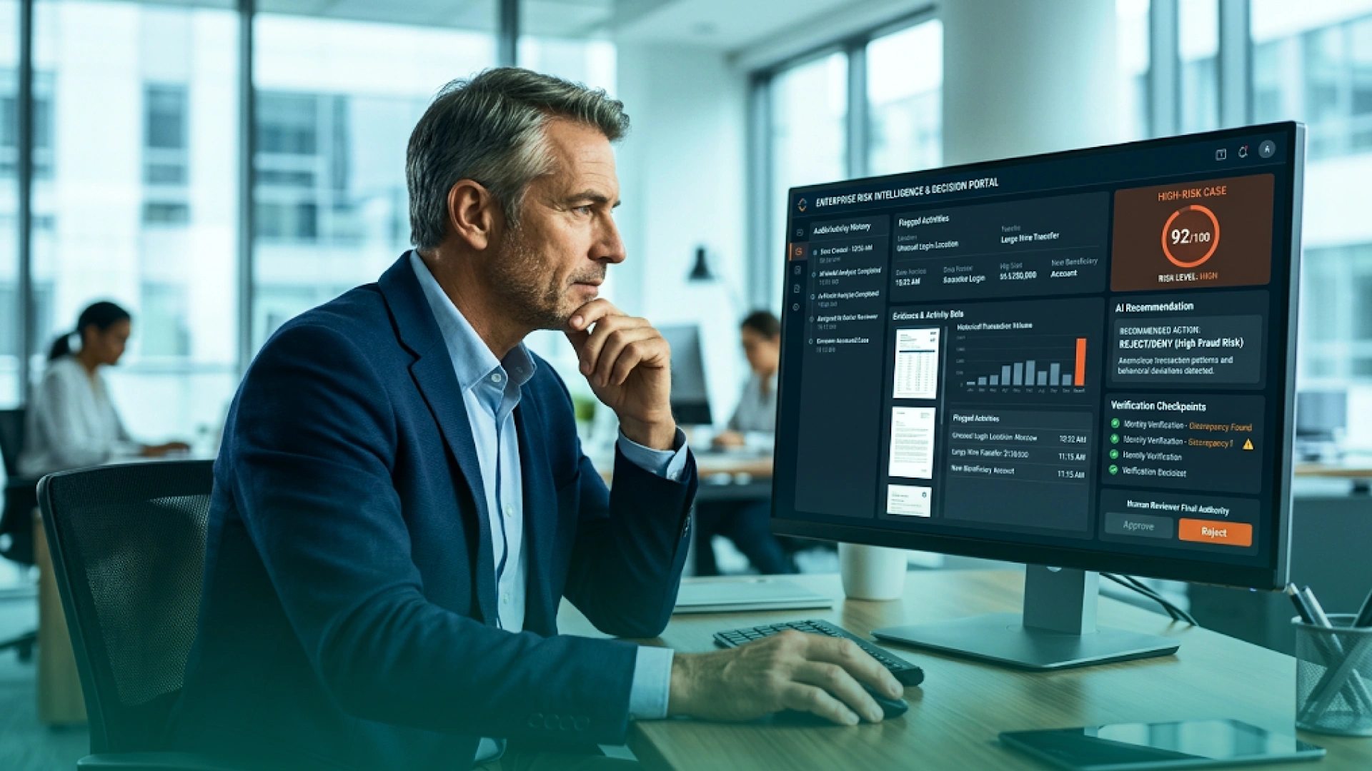 Business professional reviewing a high-risk AI recommendation on a decision dashboard, with human approval or rejection required before action.