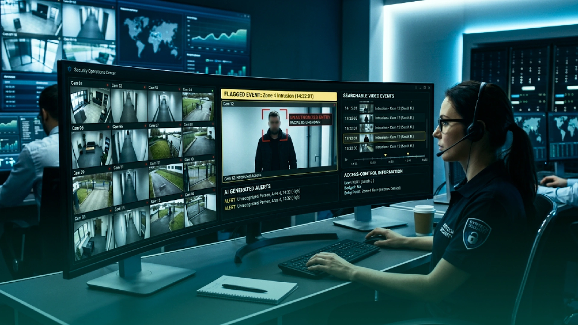 Security operations specialist monitoring AI-powered surveillance screens that flag an unauthorized entry for human review in a semi-autonomous security workflow.
