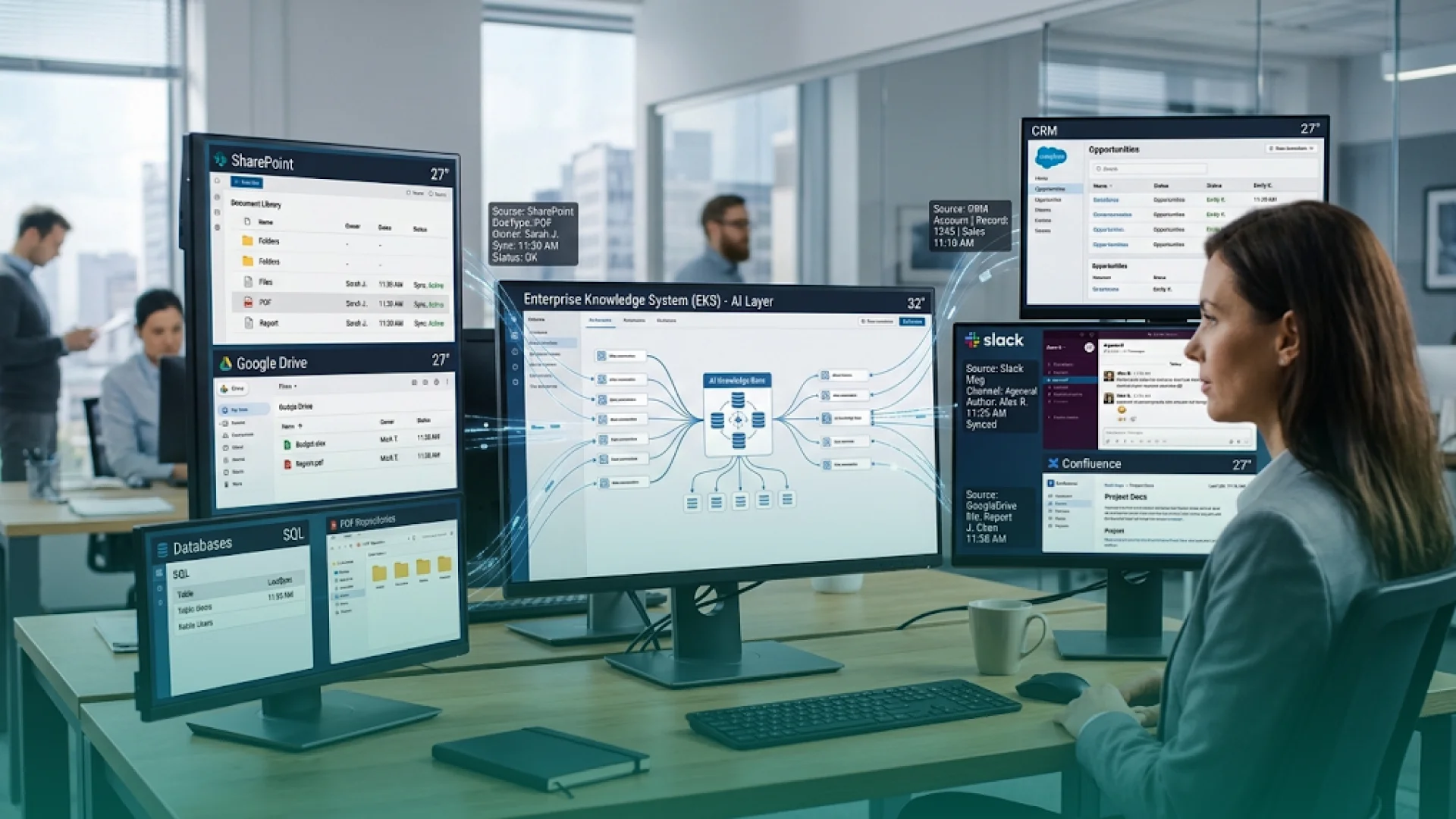 Employee viewing an enterprise AI knowledge system that connects data from SharePoint, Google Drive, databases, CRM, Slack, and Confluence.