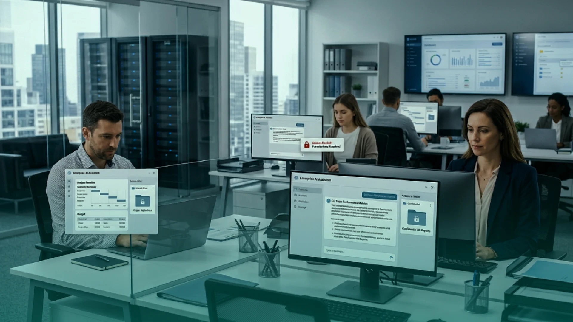Employees using a secure enterprise AI knowledge base with permission-aware access controls and restricted document retrieval.