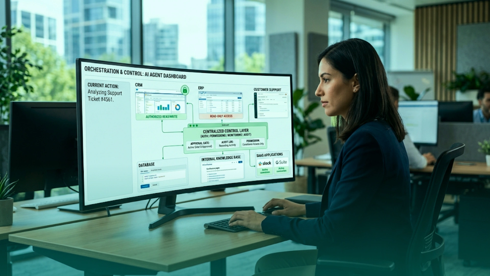 Professional monitoring an enterprise AI agent dashboard connected to CRM, ERP, customer support, databases, knowledge bases, and SaaS tools through a centralized control layer.