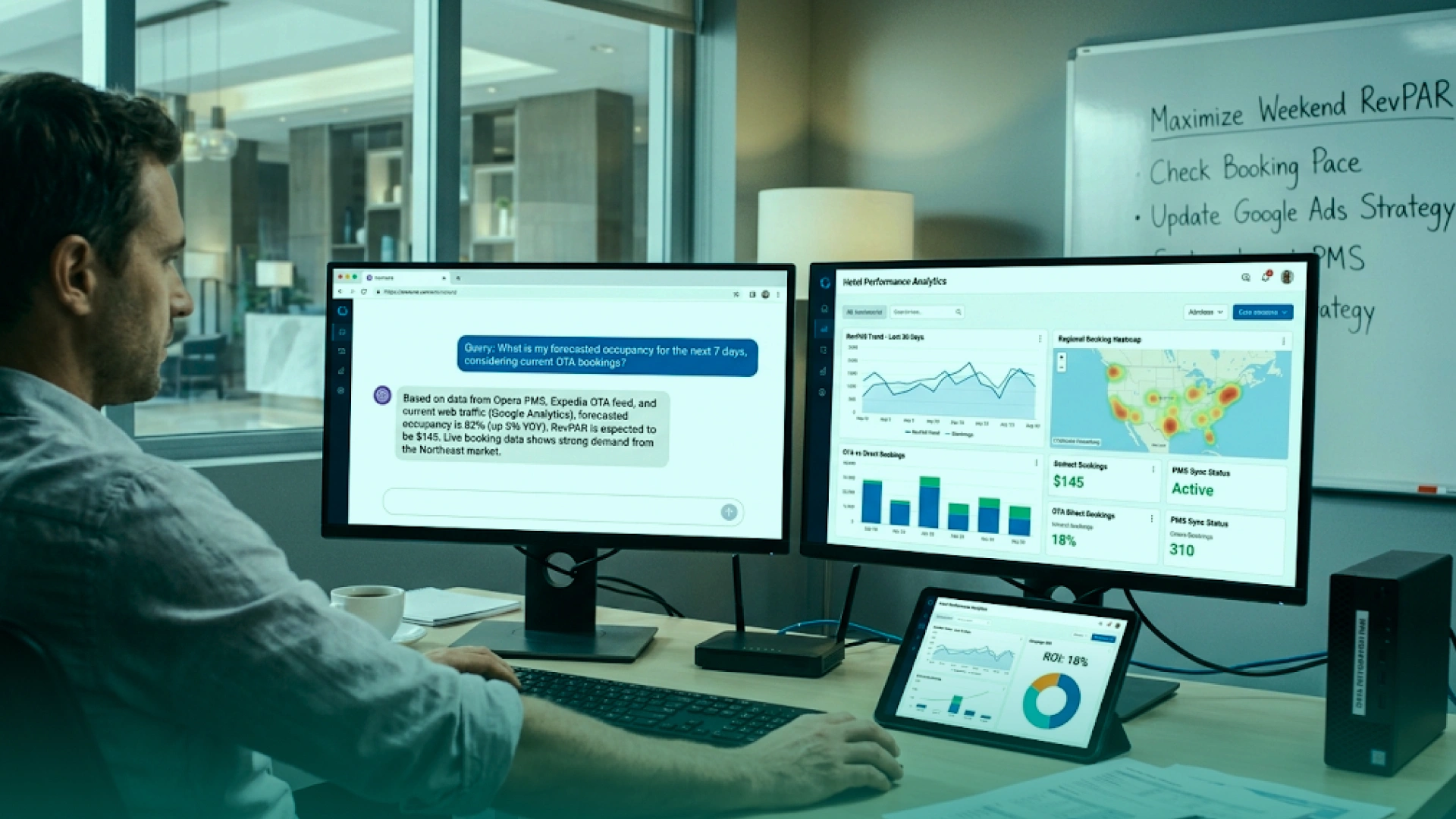Hotel analyst using an AI-powered tourism data intelligence platform to review occupancy forecasts, booking trends, RevPAR, and PMS data across connected dashboards.