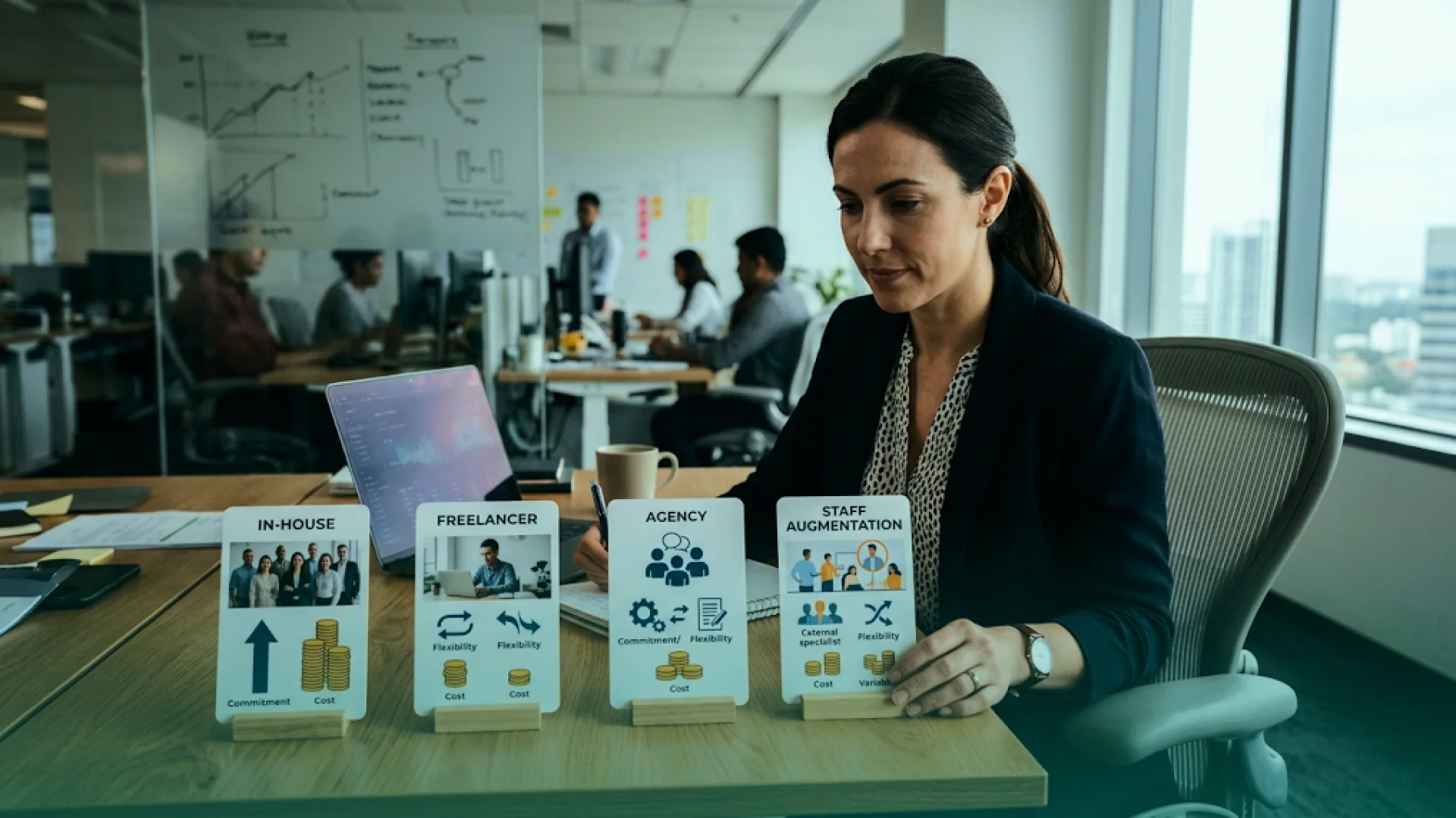Business professional comparing in-house, freelancer, agency, and staff augmentation hiring models using visual cards in a modern office.