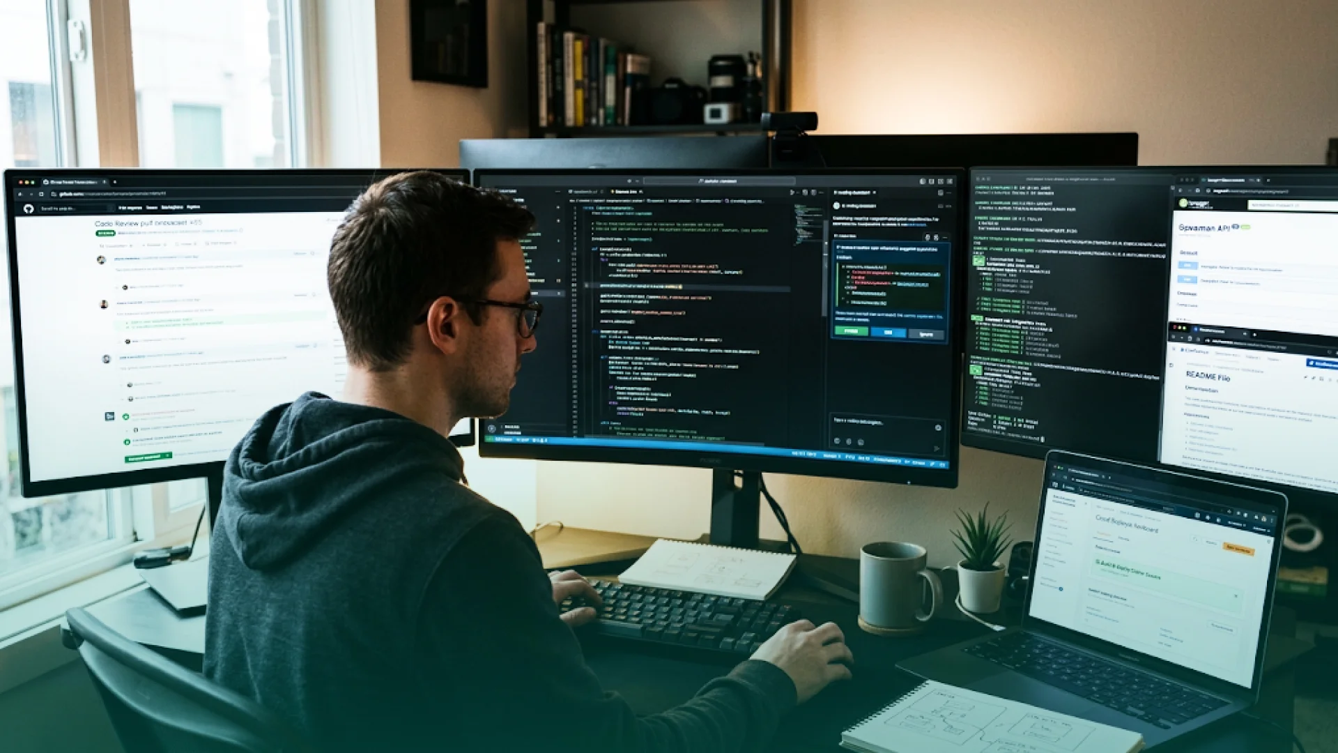 Software developer using multiple monitors with code, GitHub, APIs, and AI-assisted development tools in a modern workspace.