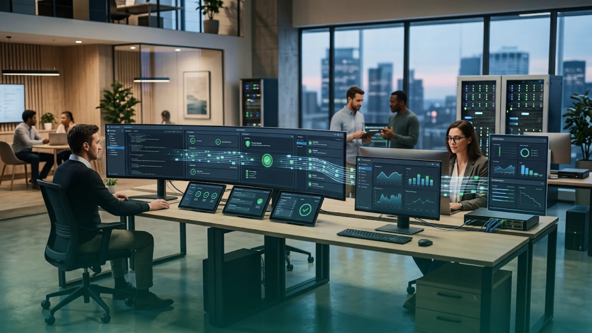 AI governance and security teams monitoring AI agent activity, access controls, and performance dashboards to ensure safe, compliant, and efficient enterprise automation.
